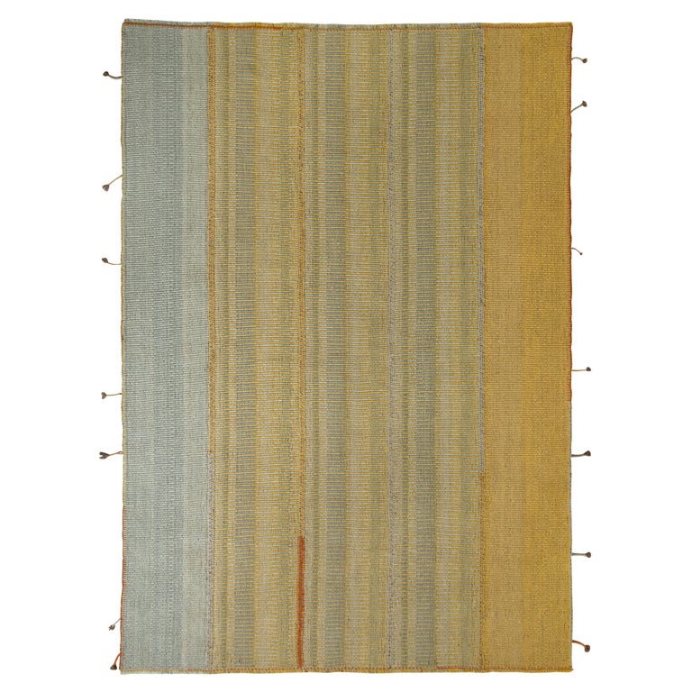 Rug & Kilim’s Modern Kilim Rug in Yellow and Blue Striped Pattern For Sale