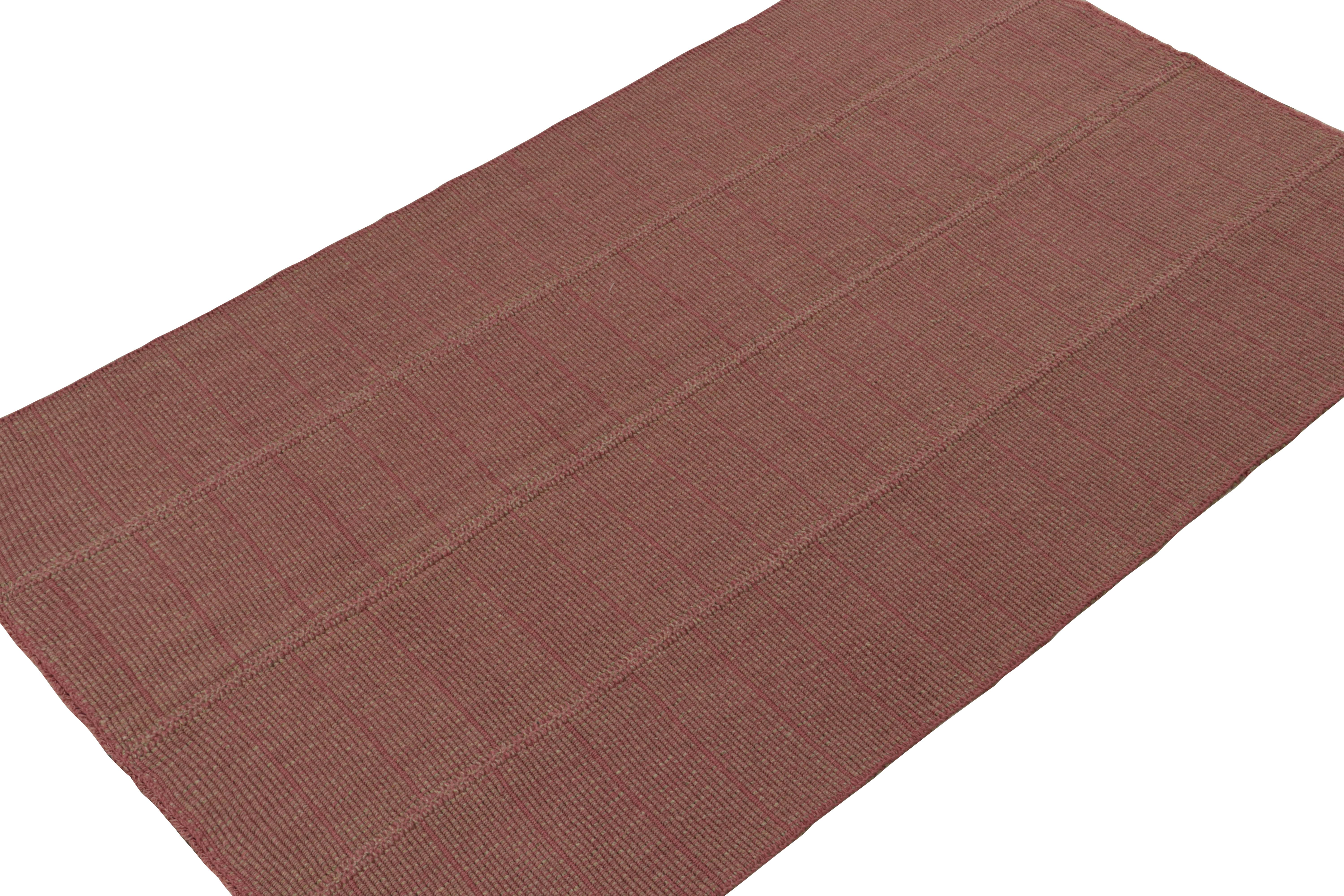 Handwoven in wool, a 6x9 Kilim from a bold new line of contemporary flatweaves by Rug & Kilim.

On the Design: 

Connoting a modern take on classic panel-weaving, our latest “Rez Kilim” enjoys stripes in tones of red. Keen eyes will admire how this