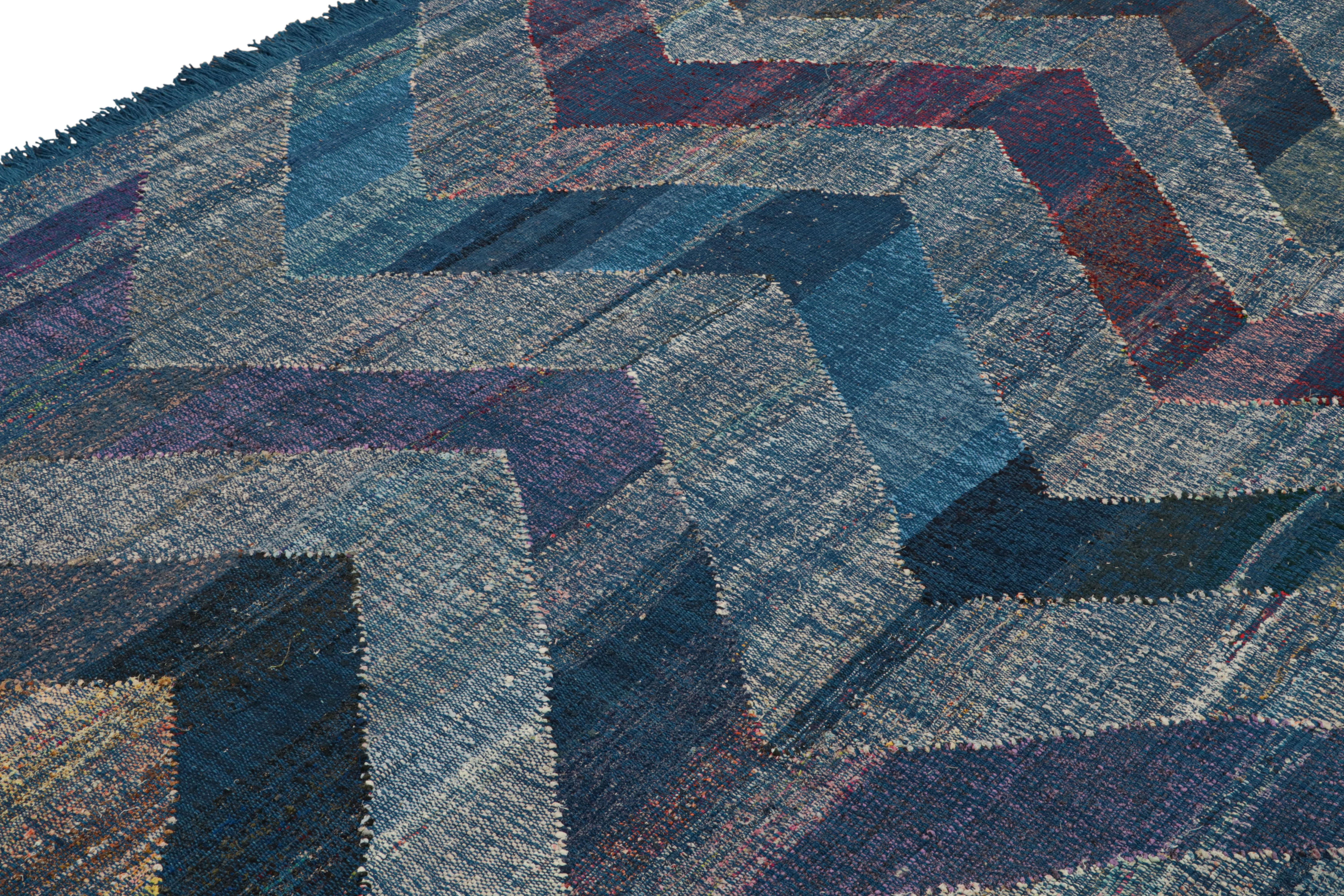 This modern Kilim represents a selection of distinct new patterns joining Rug & Kilim’s New and Modern collection, uniquely handwoven from the yarns of Classic textiles and Kilims lending to the eccentric variations in color and bold pattern each