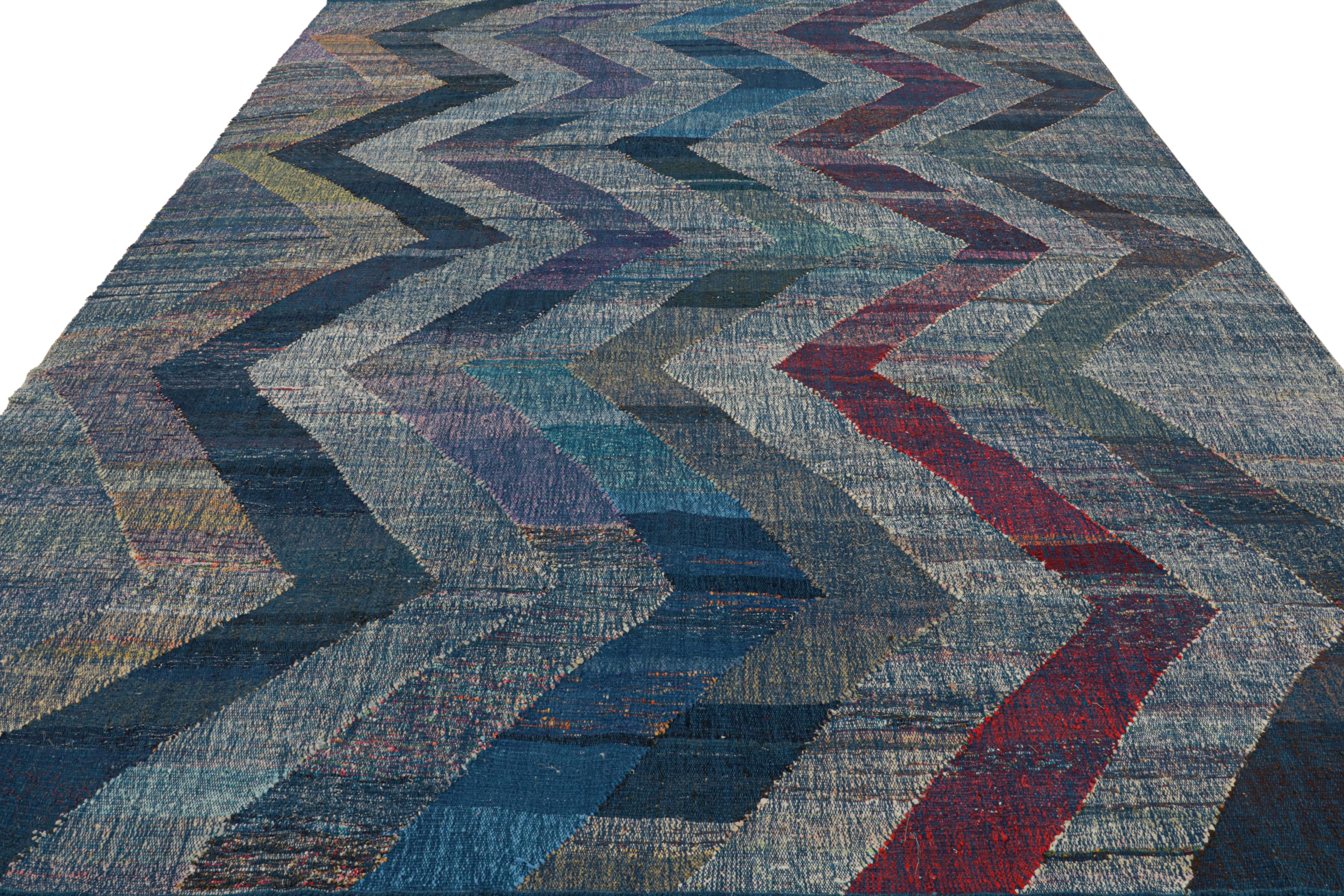 Turkish Rug & Kilim's Modern Kilim Wool Blue Purple and Gray Chevron Pattern For Sale