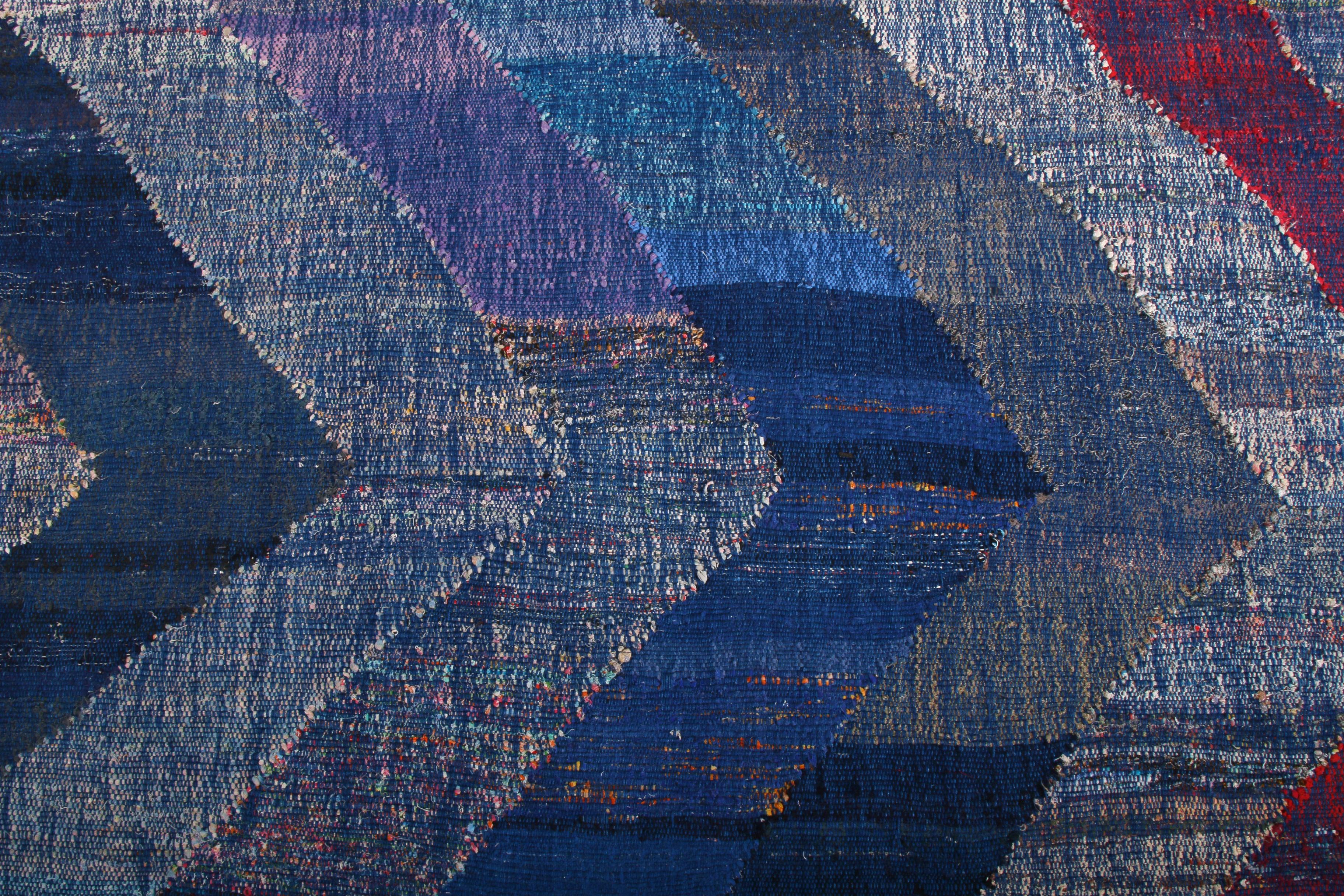 Hand-Woven Rug & Kilim's Modern Kilim Wool Blue Purple and Gray Chevron Pattern For Sale