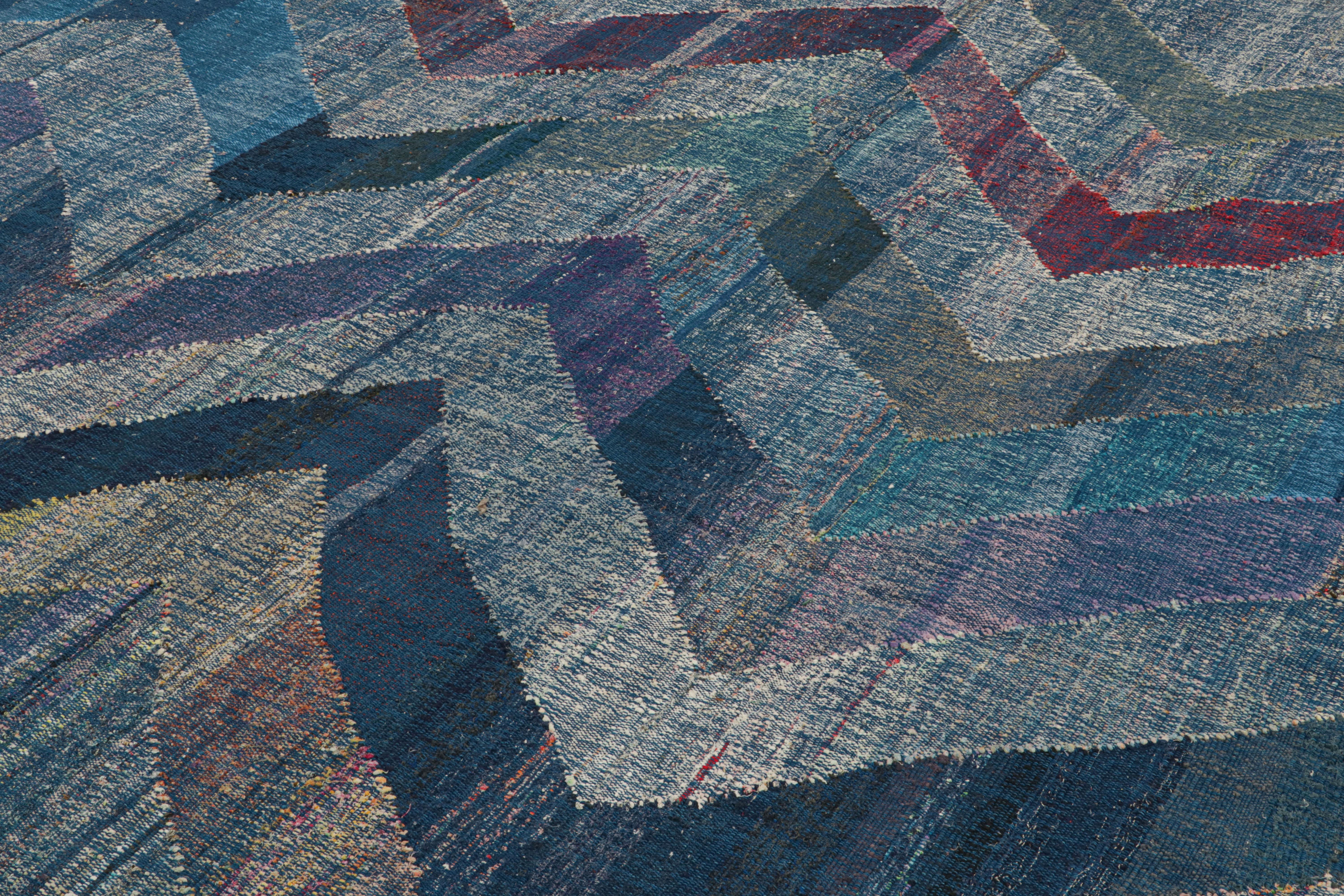 Hand-Woven Rug & Kilim's Modern Kilim Wool Blue Purple and Gray Chevron Pattern For Sale