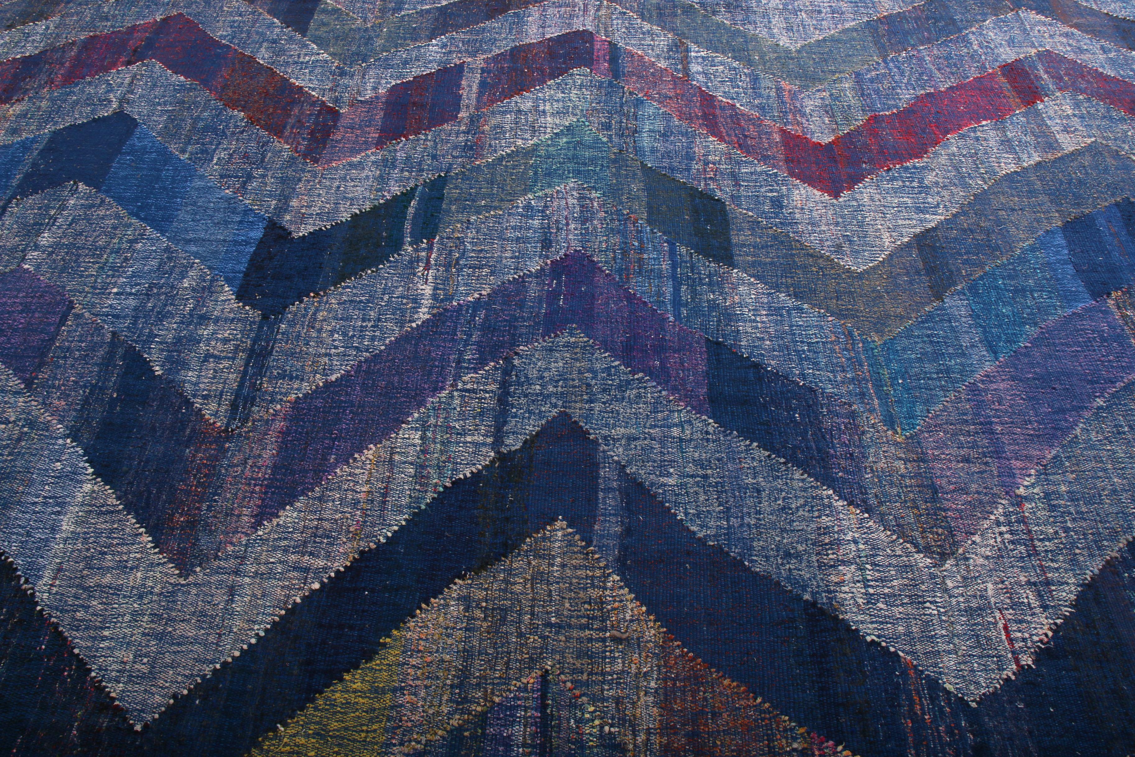Rug & Kilim's Modern Kilim Wool Blue Purple and Gray Chevron Pattern In New Condition For Sale In Long Island City, NY