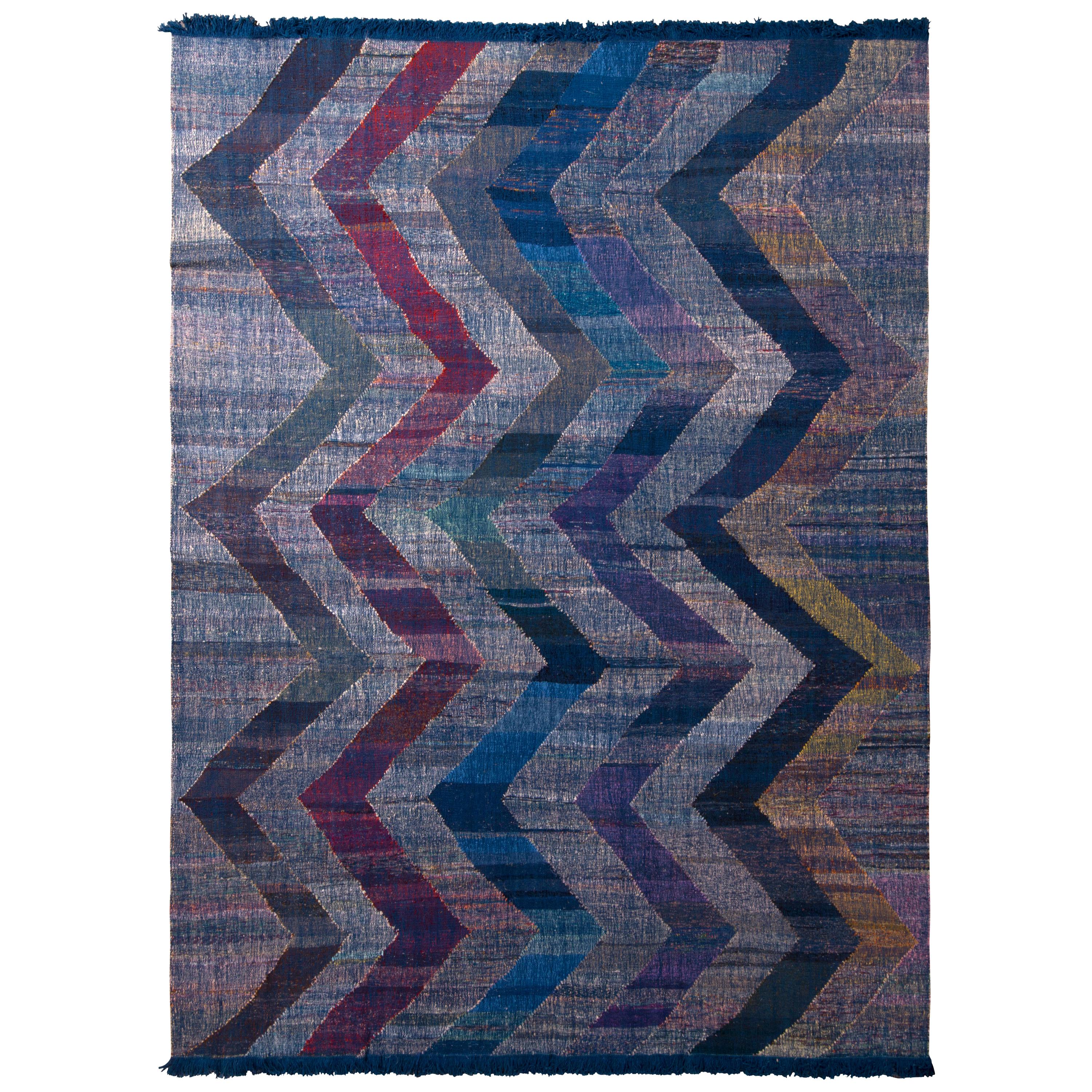 Rug & Kilim's Modern Kilim Wool Blue Purple and Gray Chevron Pattern