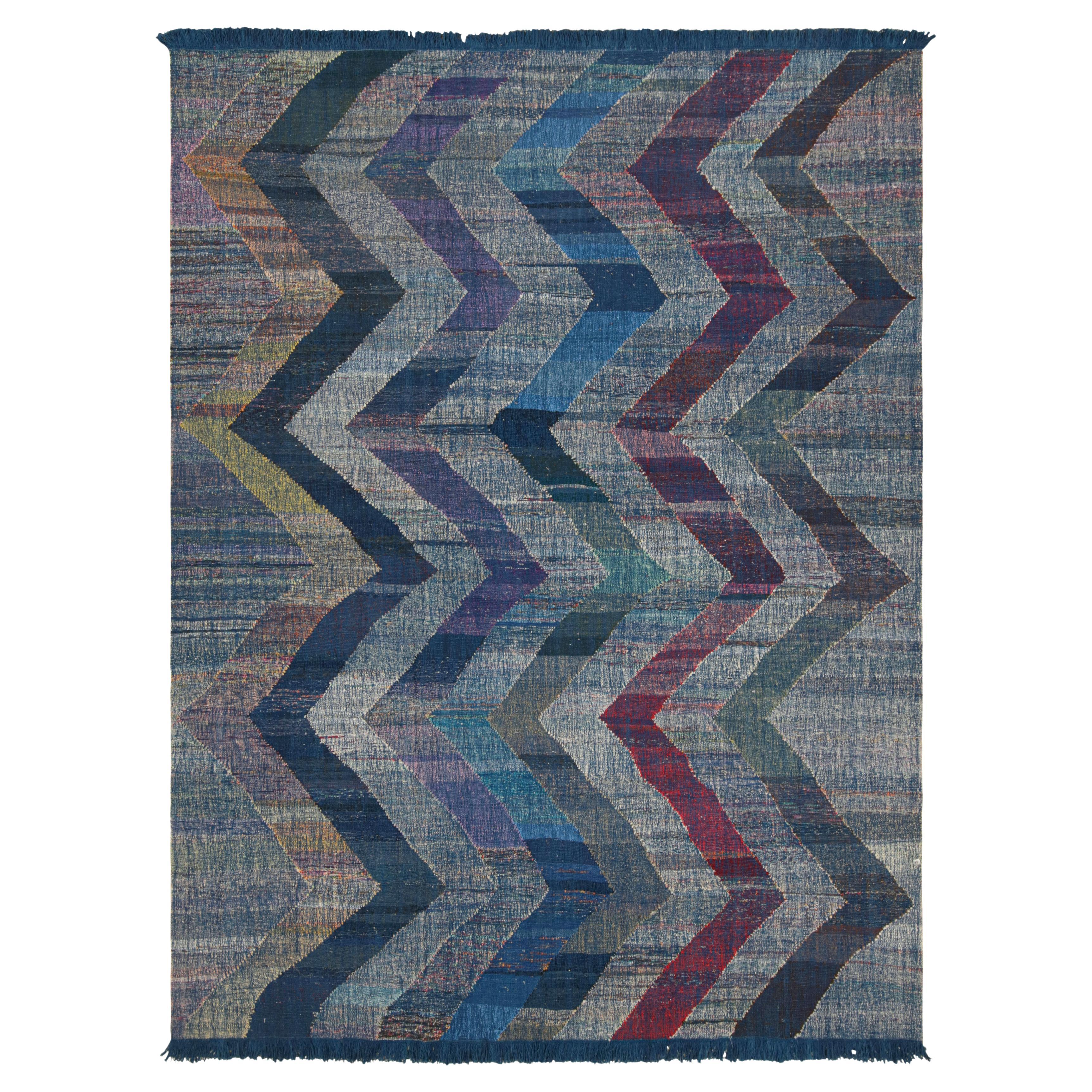 Rug & Kilim's Modern Kilim Wool Blue Purple and Gray Chevron Pattern For Sale
