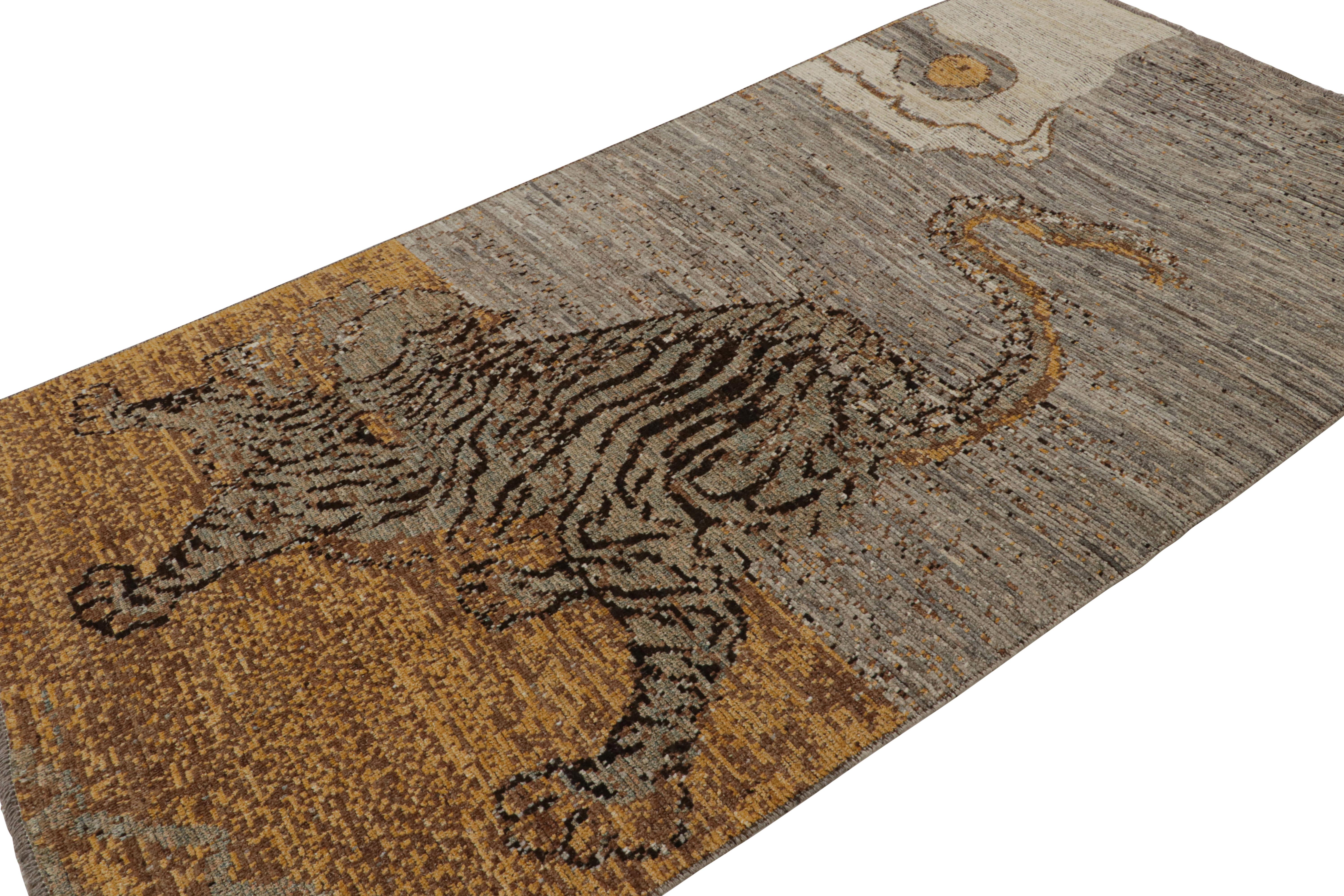 Hand-knotted in wool, this 5x10 modern rug from our Tiger rug line in Modern Classics collection, has been particularly inspired by a Mongolian take on the style.

On the Design:

History meets art in this elegant piece with animal pictorials which