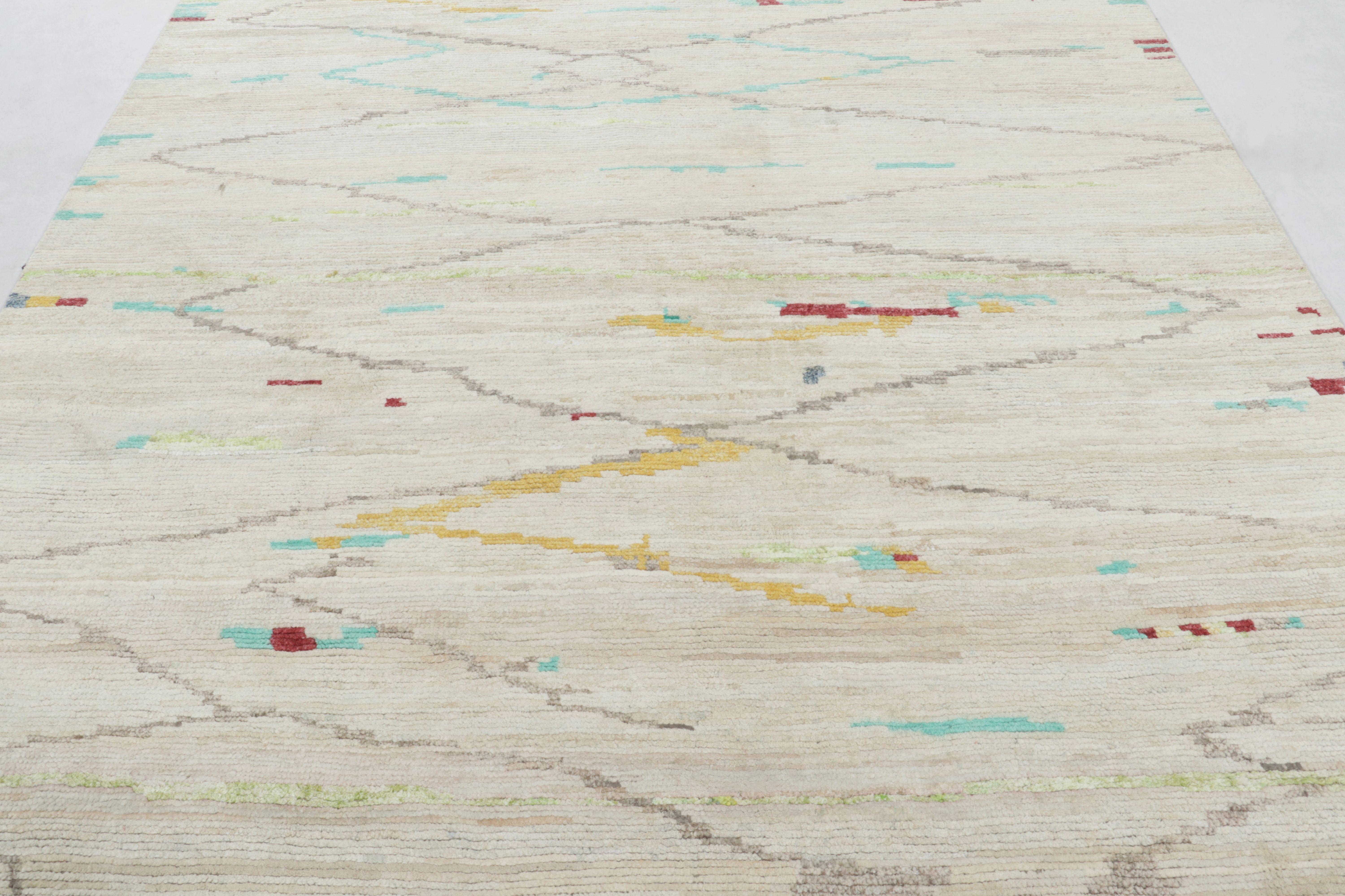 Indian Rug & Kilim’s Modern Moroccan-Inspired Rug in Ivory and Teal Abstract Pattern For Sale