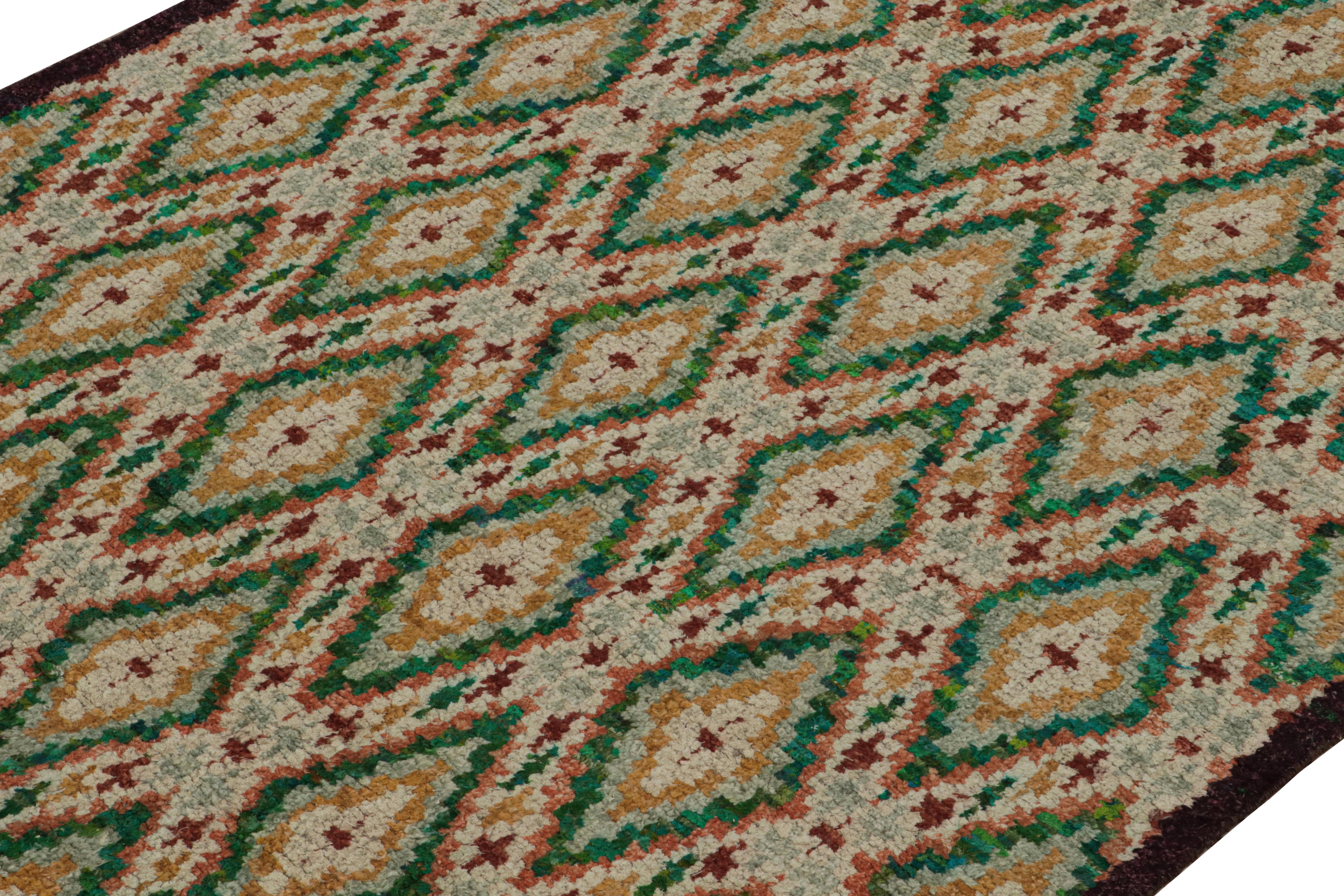 Indian Rug & Kilim’s Modern Moroccan Style Rug in Green & Gold Geometric Patterns For Sale