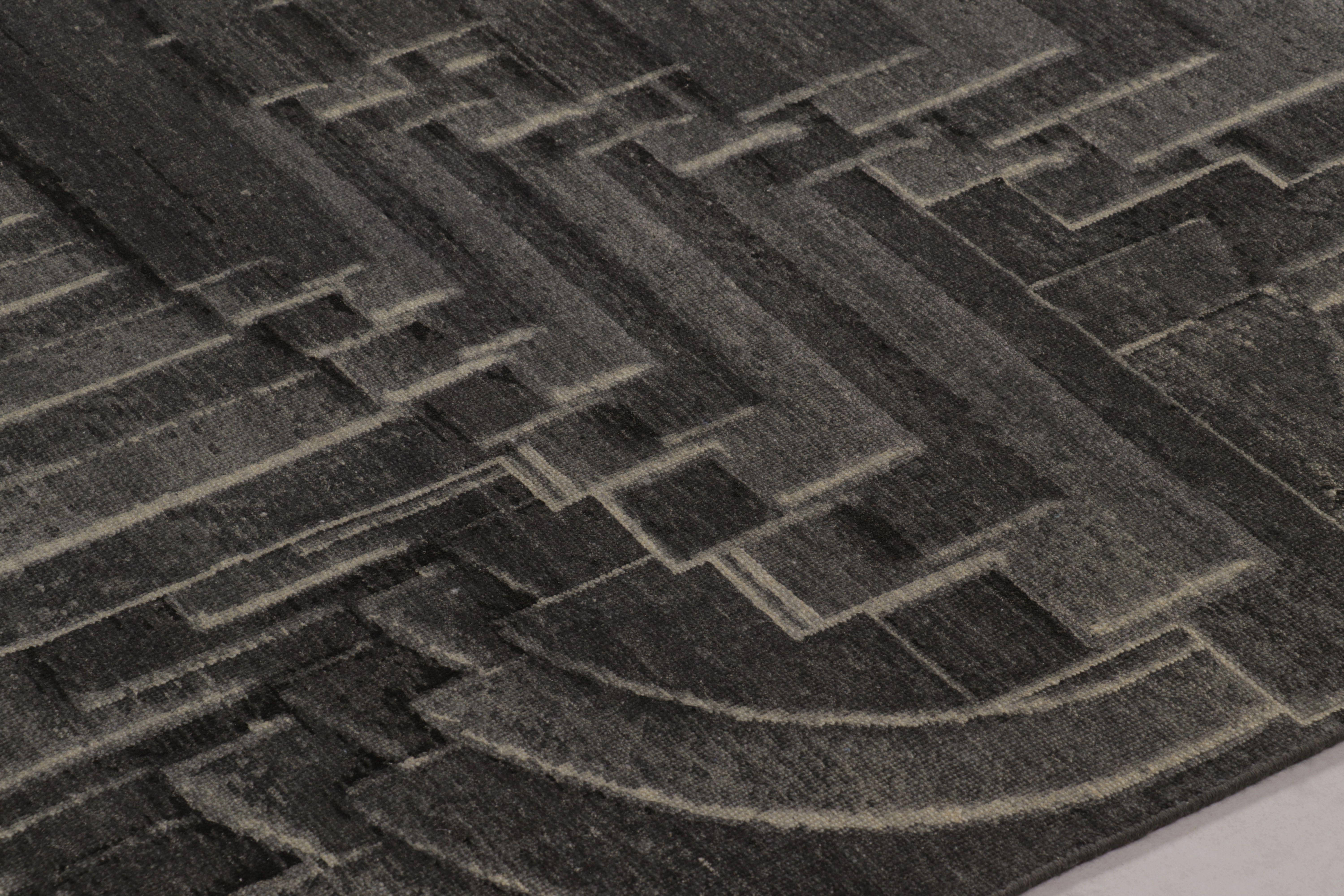 Indian Rug & Kilim's Bold Modern Optical illusion Rug, Deep Charcoal Geometric Patterns For Sale