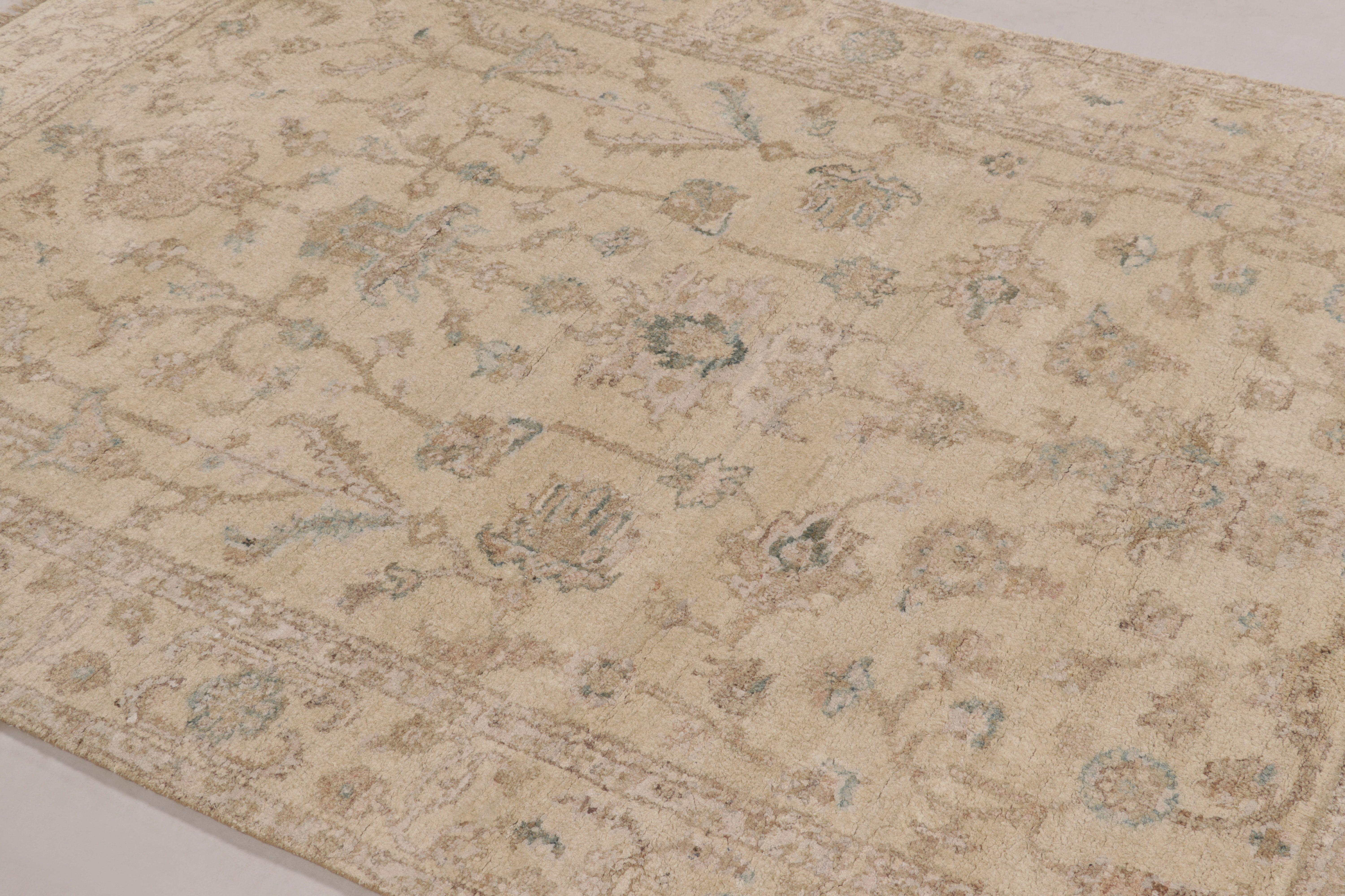 This magnificent 6x8 rug from the Rug & Kilim’s Modern Classics Collection is a study in refined texture and color inspired by some of the most iconic antique Oushak rugs—hand-knotted in fine silk and reimagined with contemporary elements, including