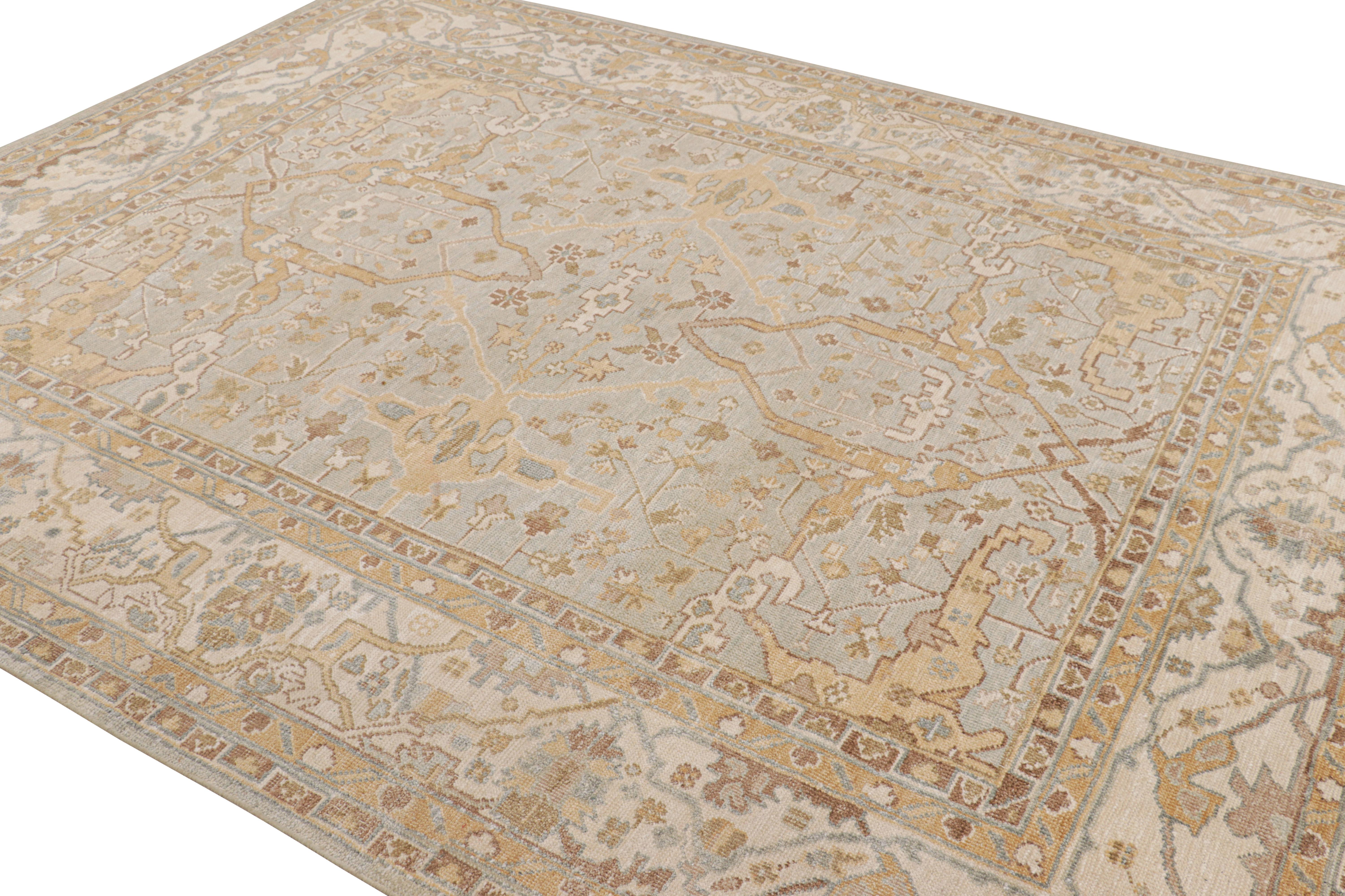 Hand-Knotted Rug & Kilim’s Modern Oushak Style Rug in Blue and Gold with Floral Patterns For Sale