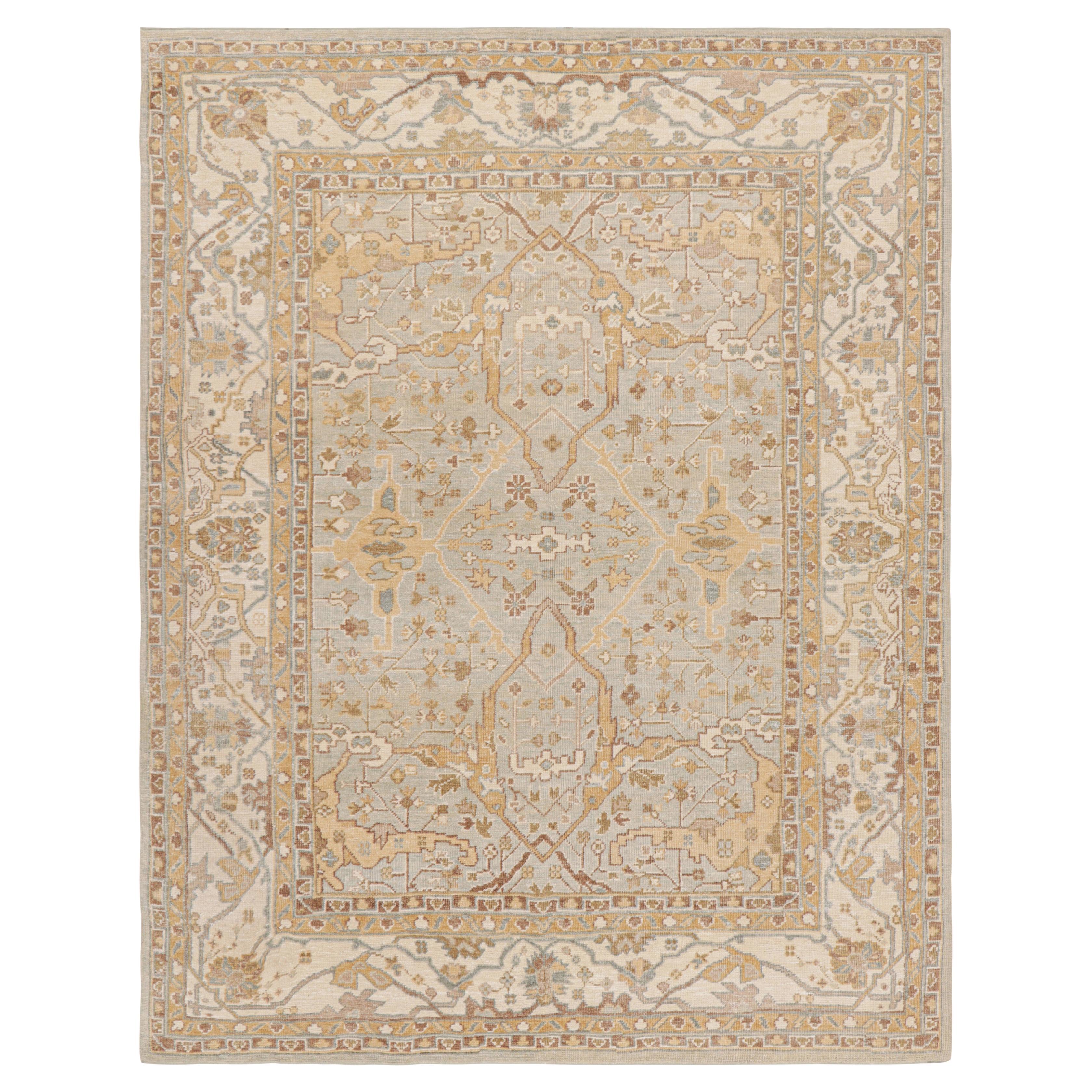 Rug & Kilim’s Modern Oushak Style Rug in Blue and Gold with Floral Patterns For Sale