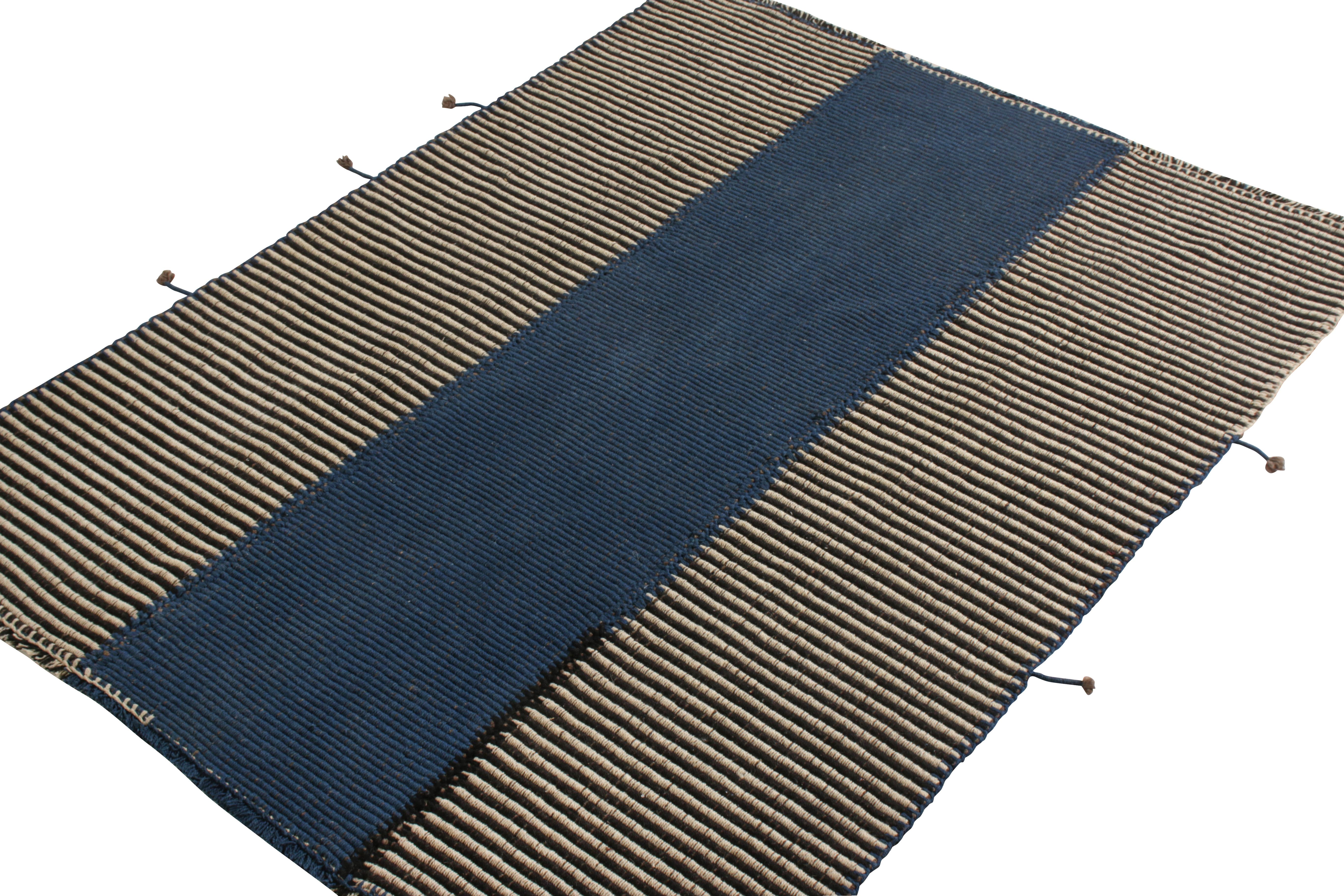 Other Rug & Kilim’s Modern Paneled Kilim Rug in Blue and Brown Stripe Pattern For Sale