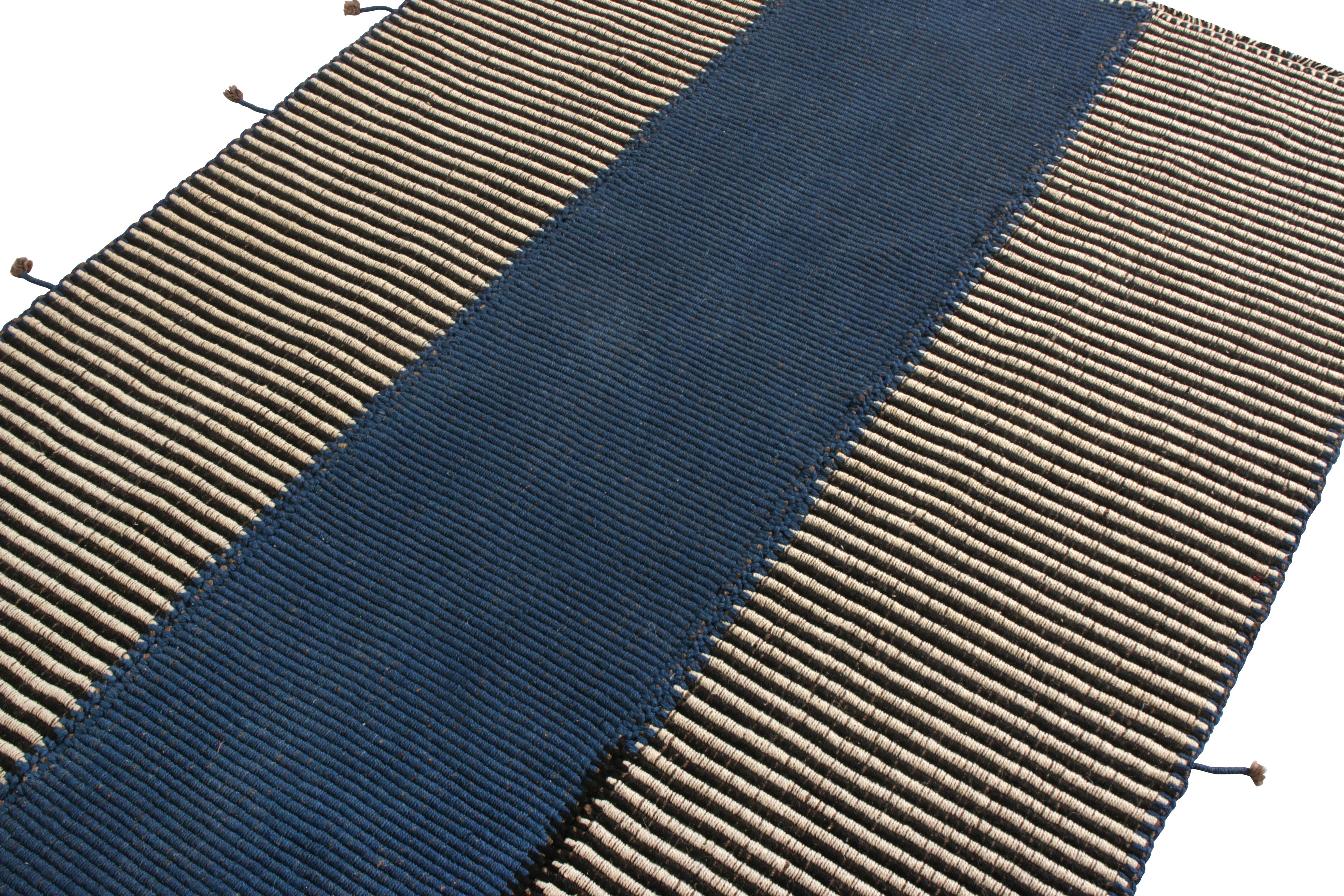 Persian Rug & Kilim’s Modern Paneled Kilim Rug in Blue and Brown Stripe Pattern For Sale