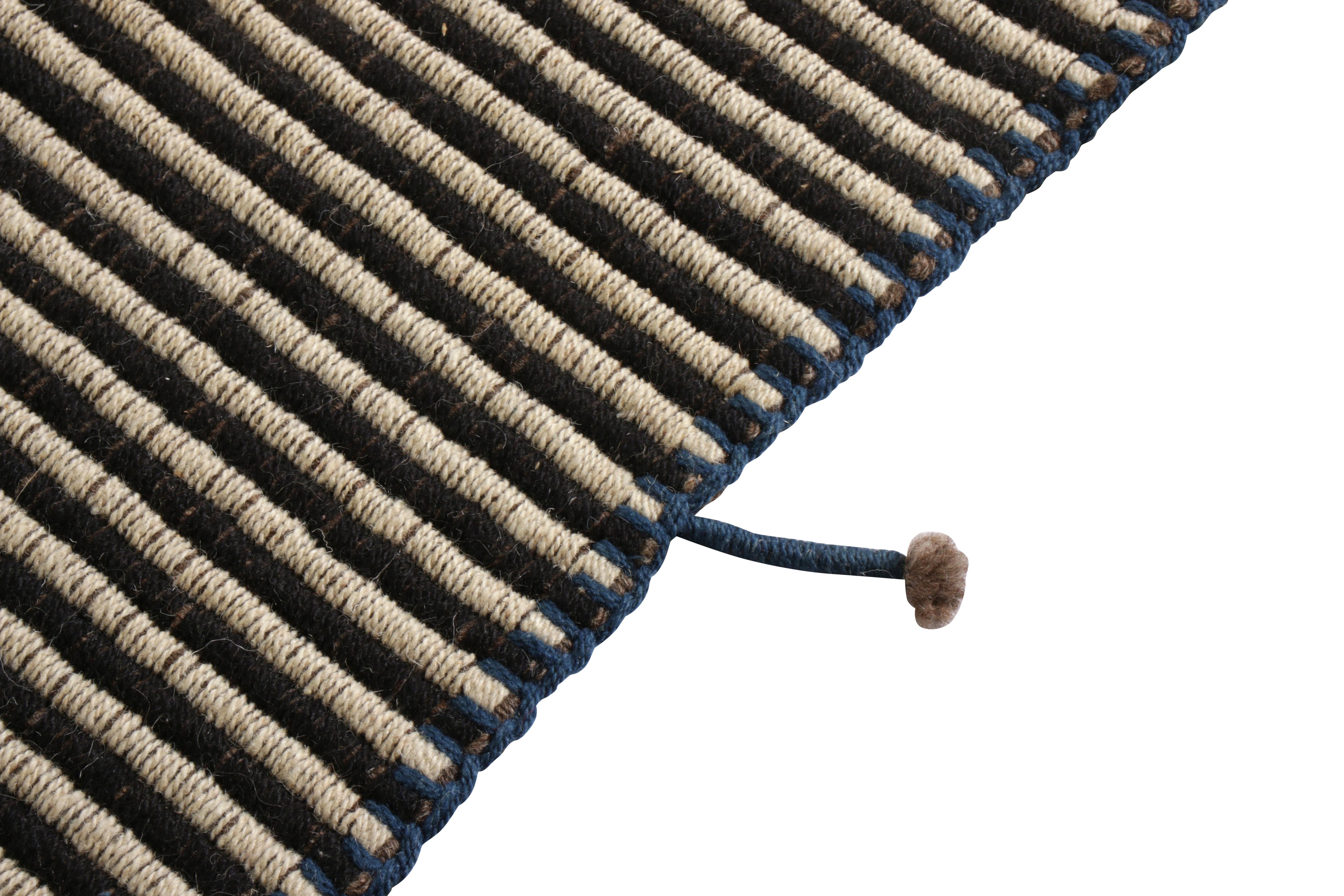Rug & Kilim’s Modern Paneled Kilim Rug in Blue and Brown Stripe Pattern In New Condition For Sale In Long Island City, NY