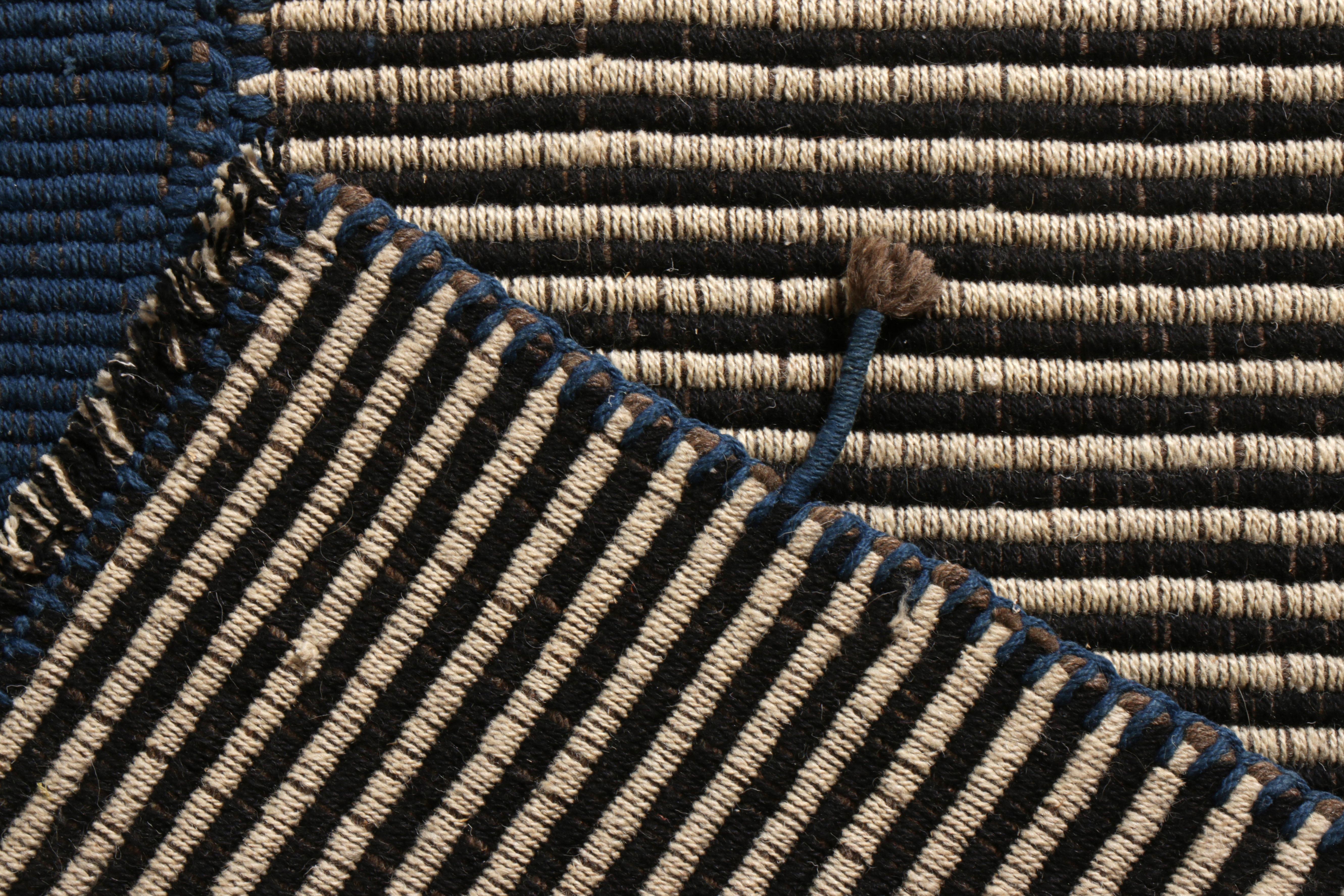 Contemporary Rug & Kilim’s Modern Paneled Kilim Rug in Blue and Brown Stripe Pattern For Sale