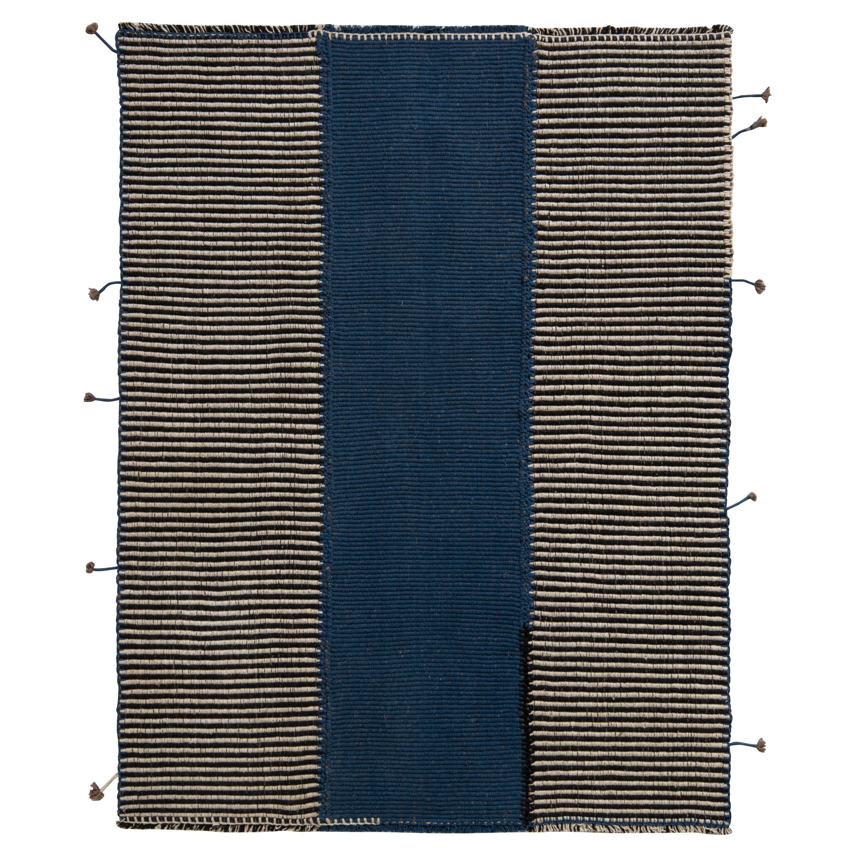 Rug & Kilim’s Modern Paneled Kilim Rug in Blue and Brown Stripe Pattern