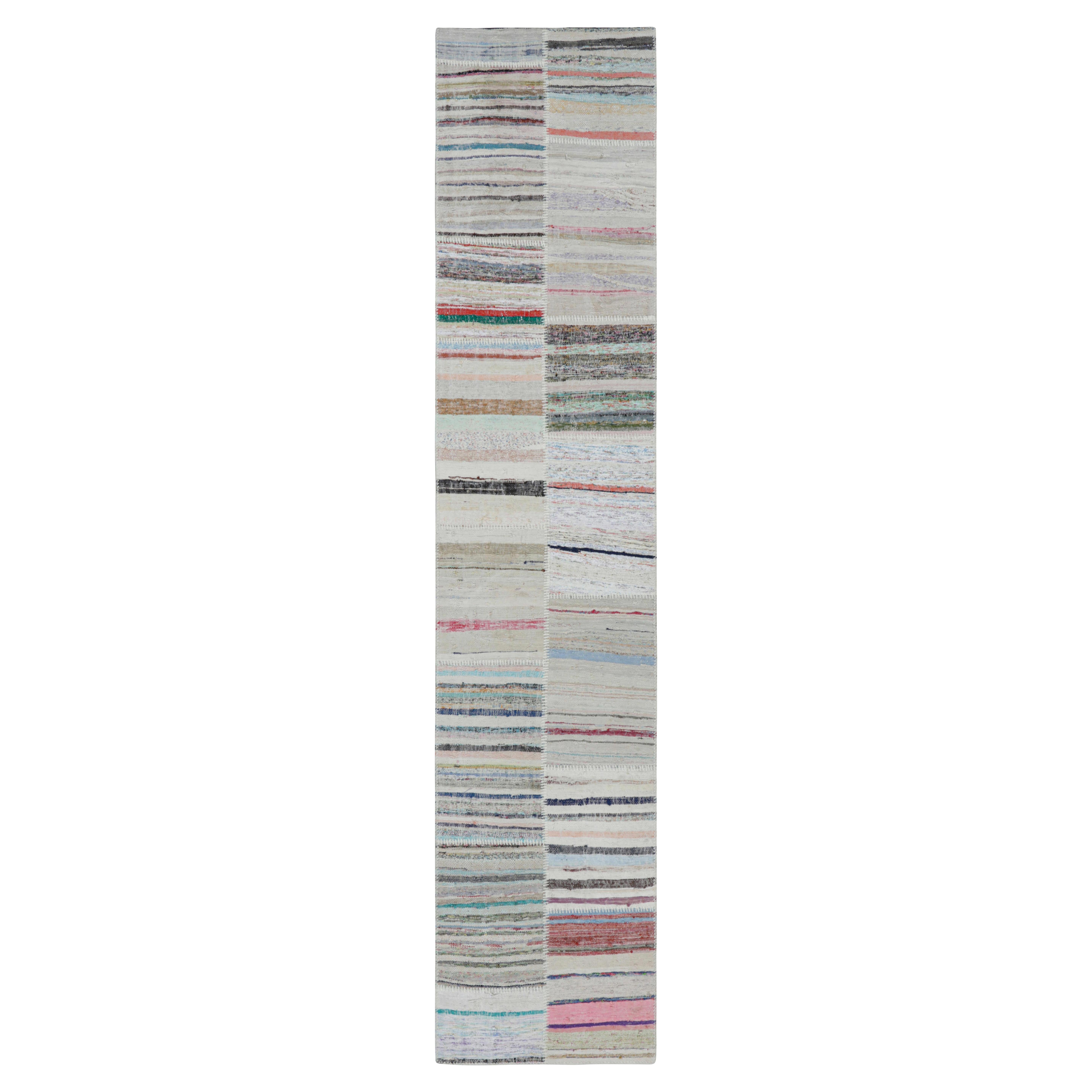 Rug & Kilim's Modern Patchwork Kilim in Beige with Multicolor Striped Pattern (Kilim moderne en patchwork beige avec motifs rayés multicolores)