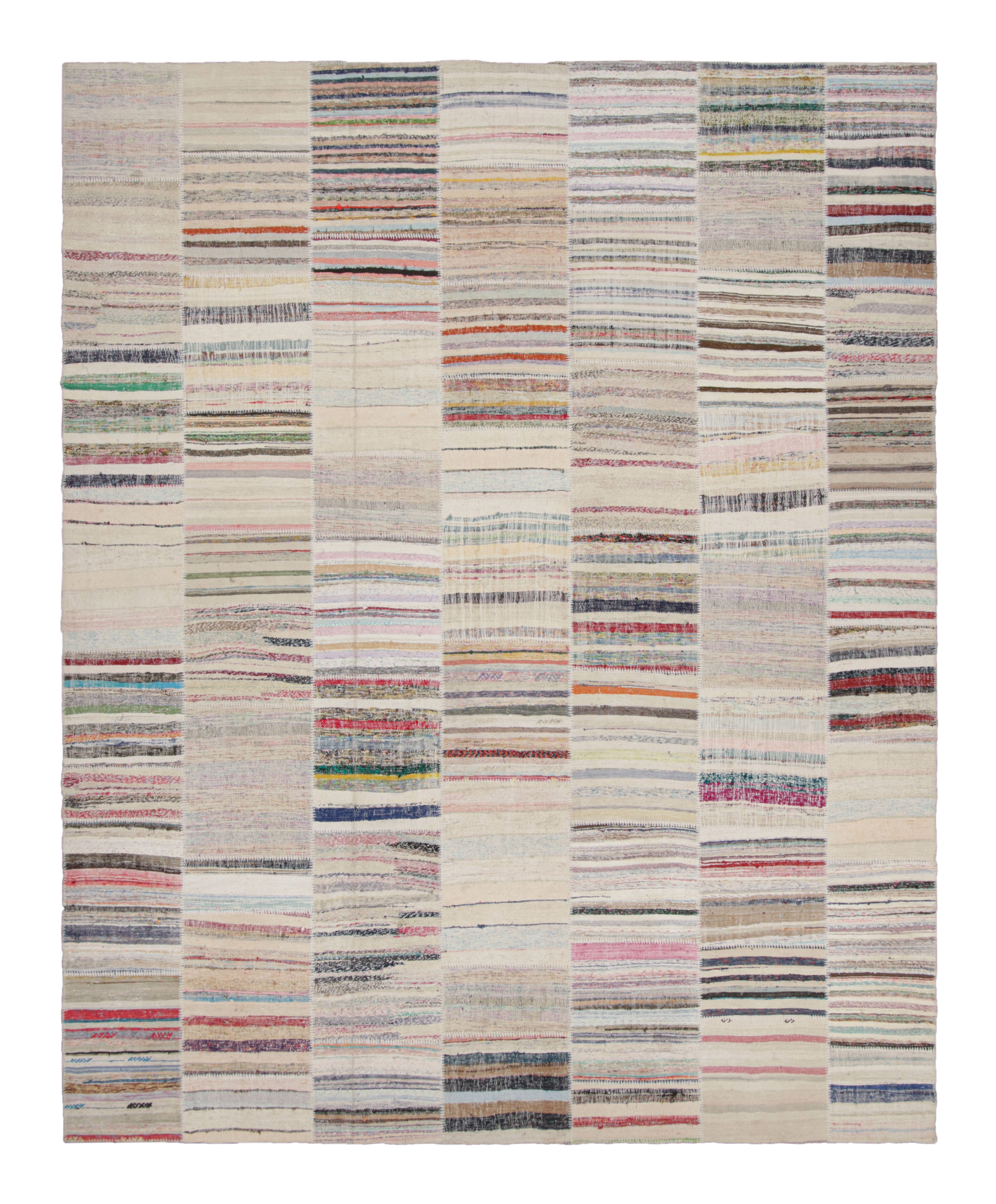 Rug & Kilim's Modern Patchwork Kilim Rug in Gray Multi-Color Stripe Pattern