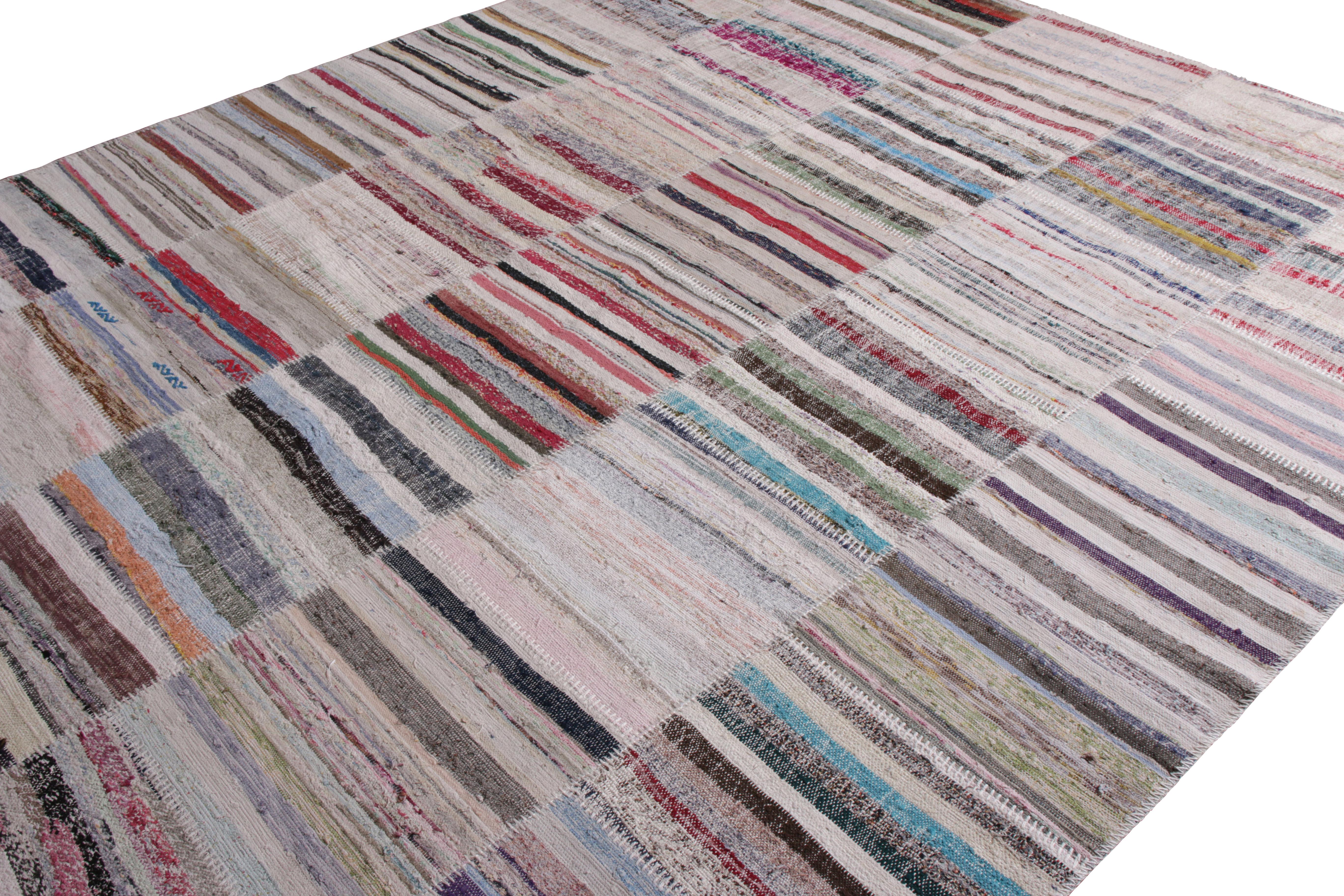 Turkish Rug & Kilim's Modern Patchwork Kilim Rug in Gray Multicolor Stripe Pattern For Sale