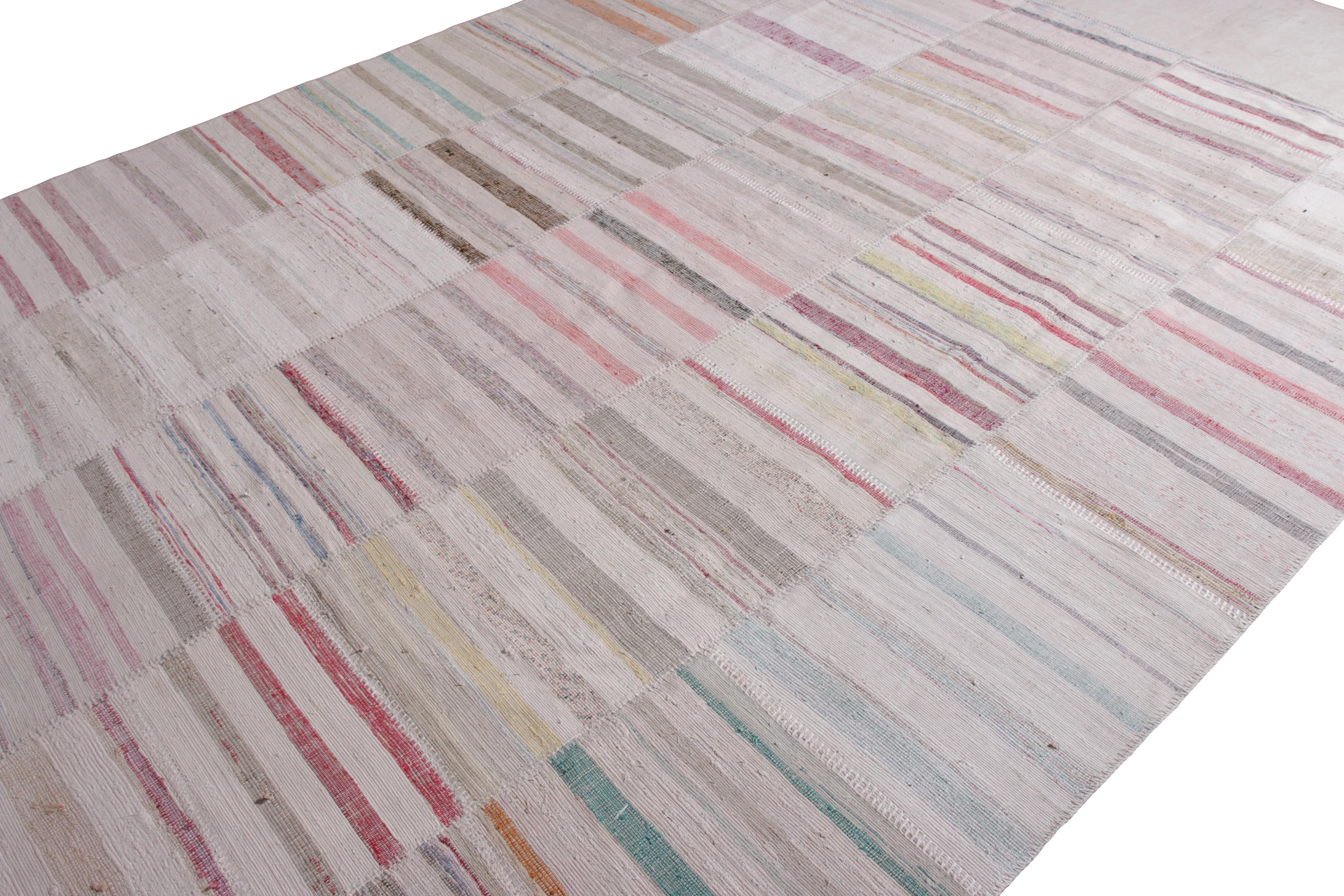 Turkish Rug & Kilim's Modern Patchwork Kilim Rug in Gray Multicolor Stripe Pattern