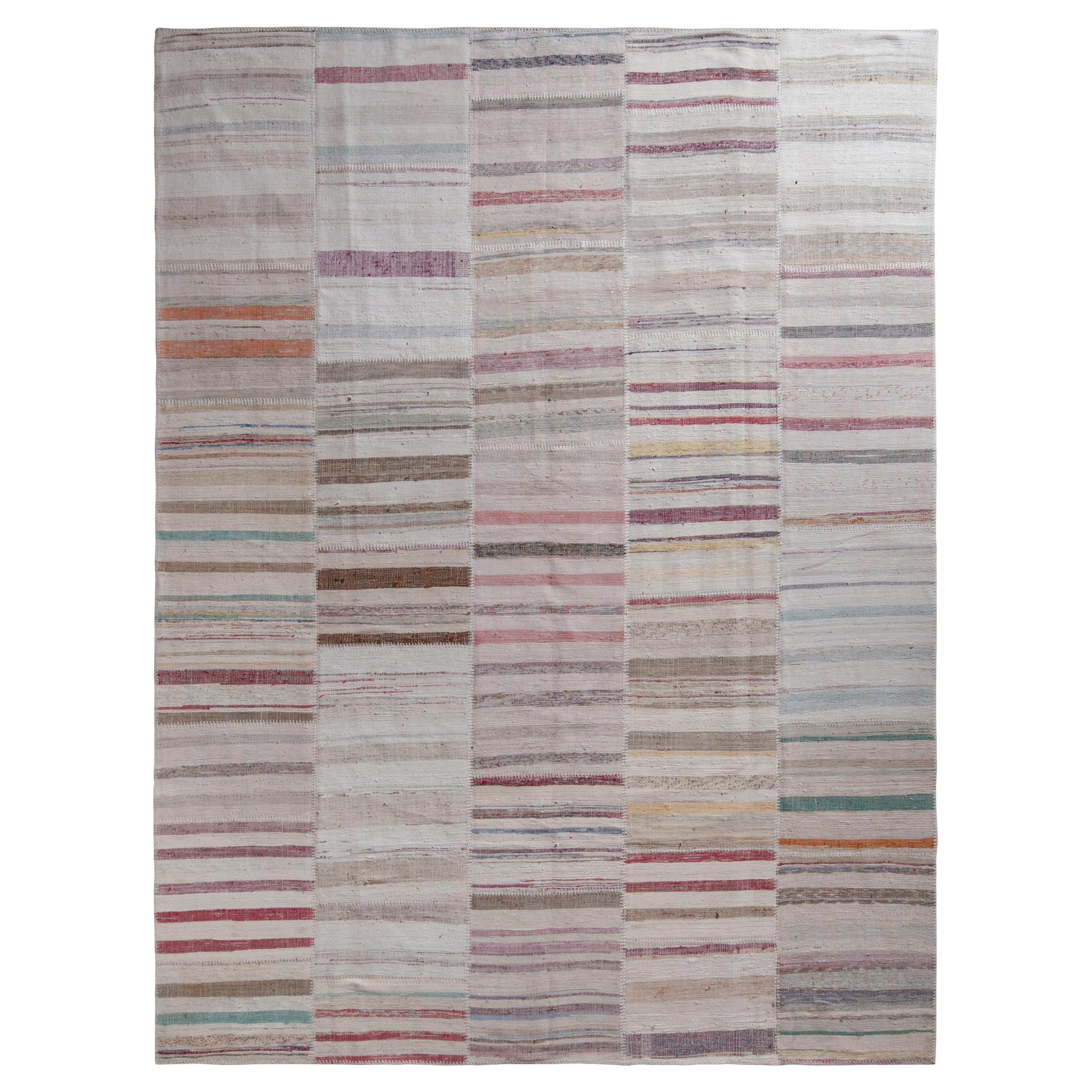 Rug & Kilim's Modern Patchwork Kilim Rug in Gray Multicolor Stripe Pattern
