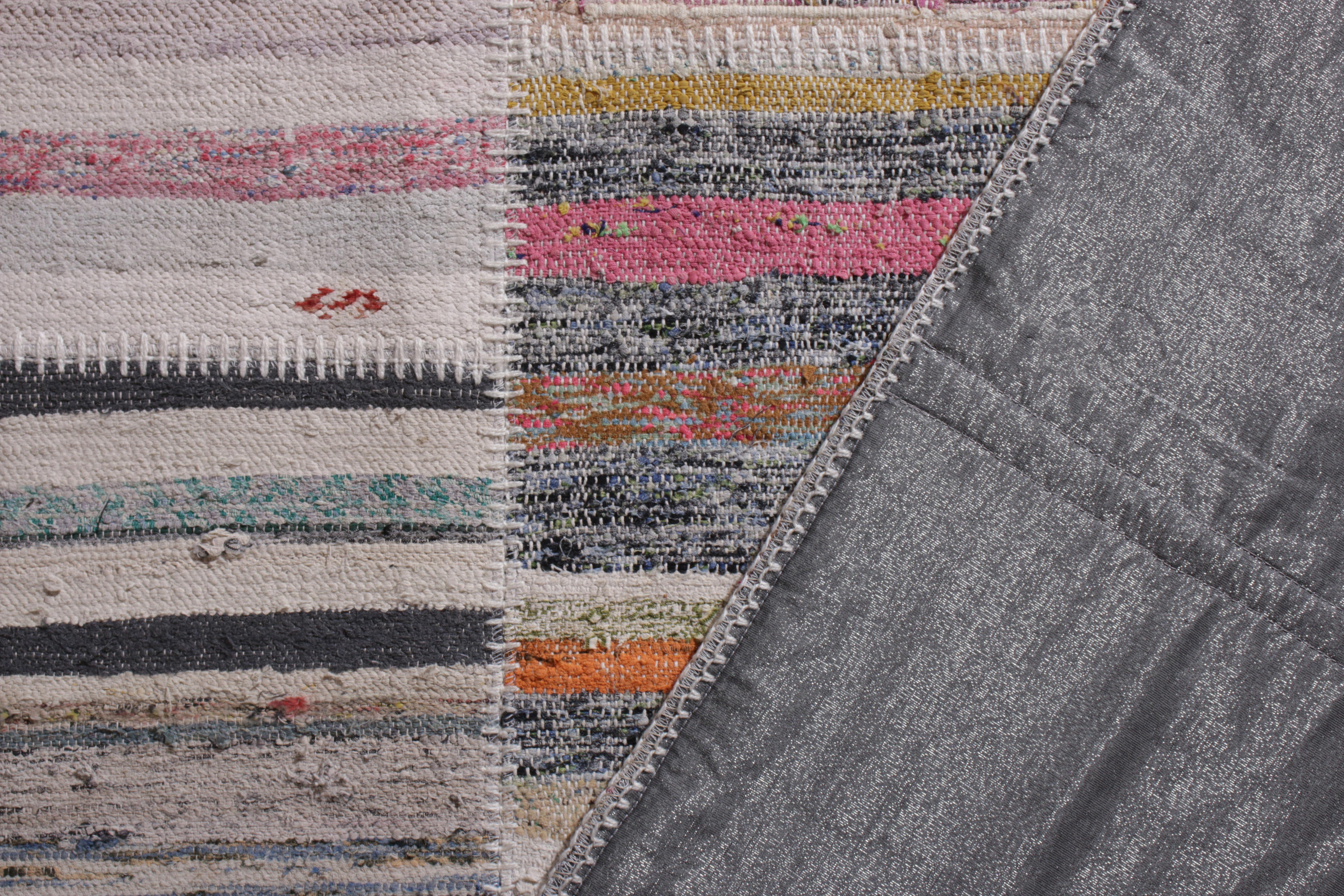 Contemporary Rug & Kilim's Modern Patchwork Kilim Runner in Gray Multi-Color Stripe Pattern For Sale