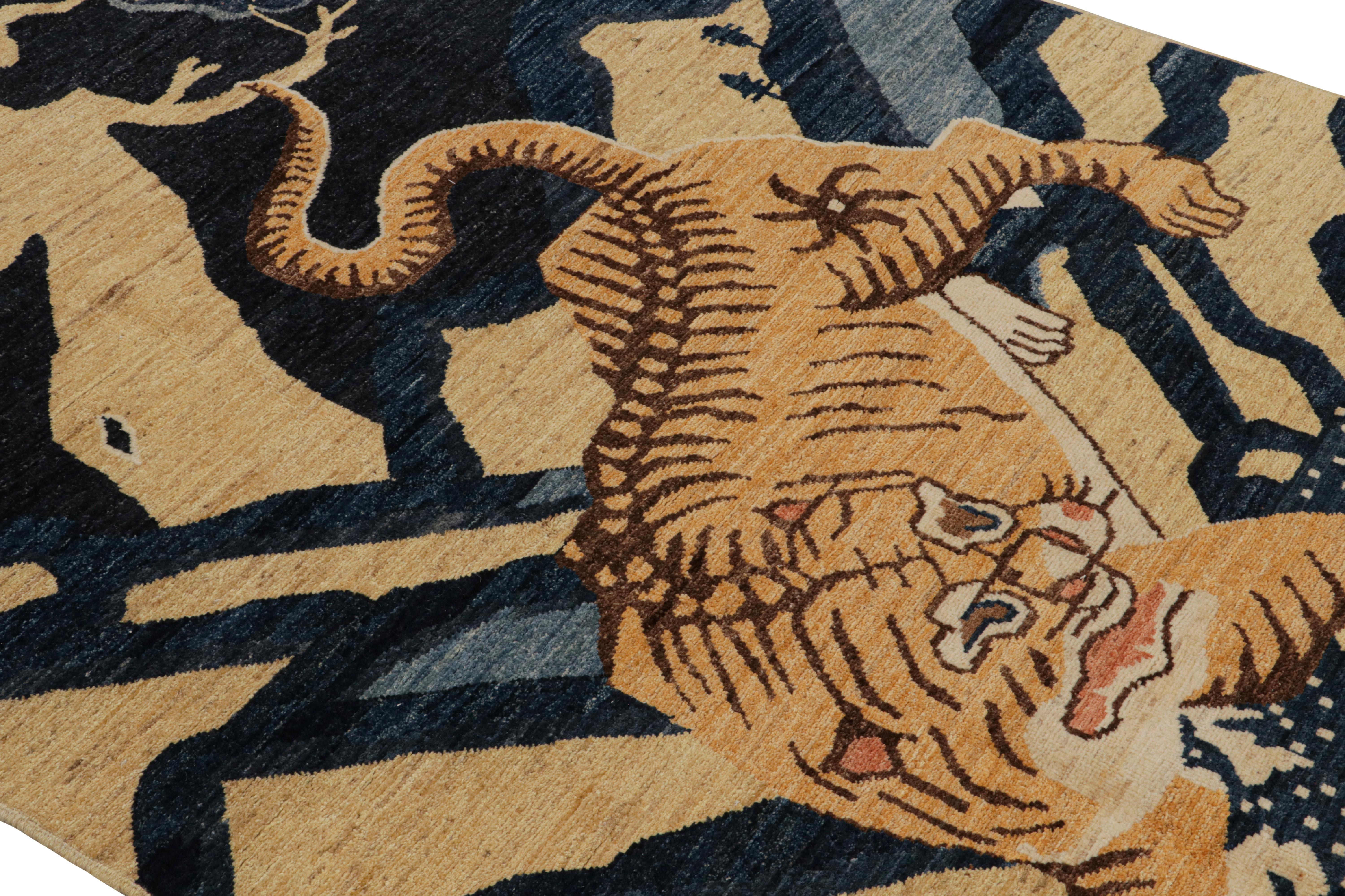 Hand-Knotted Rug & Kilim’s Modern Peking “Tiger” Pictorial Rug in Navy Blue and Gold For Sale