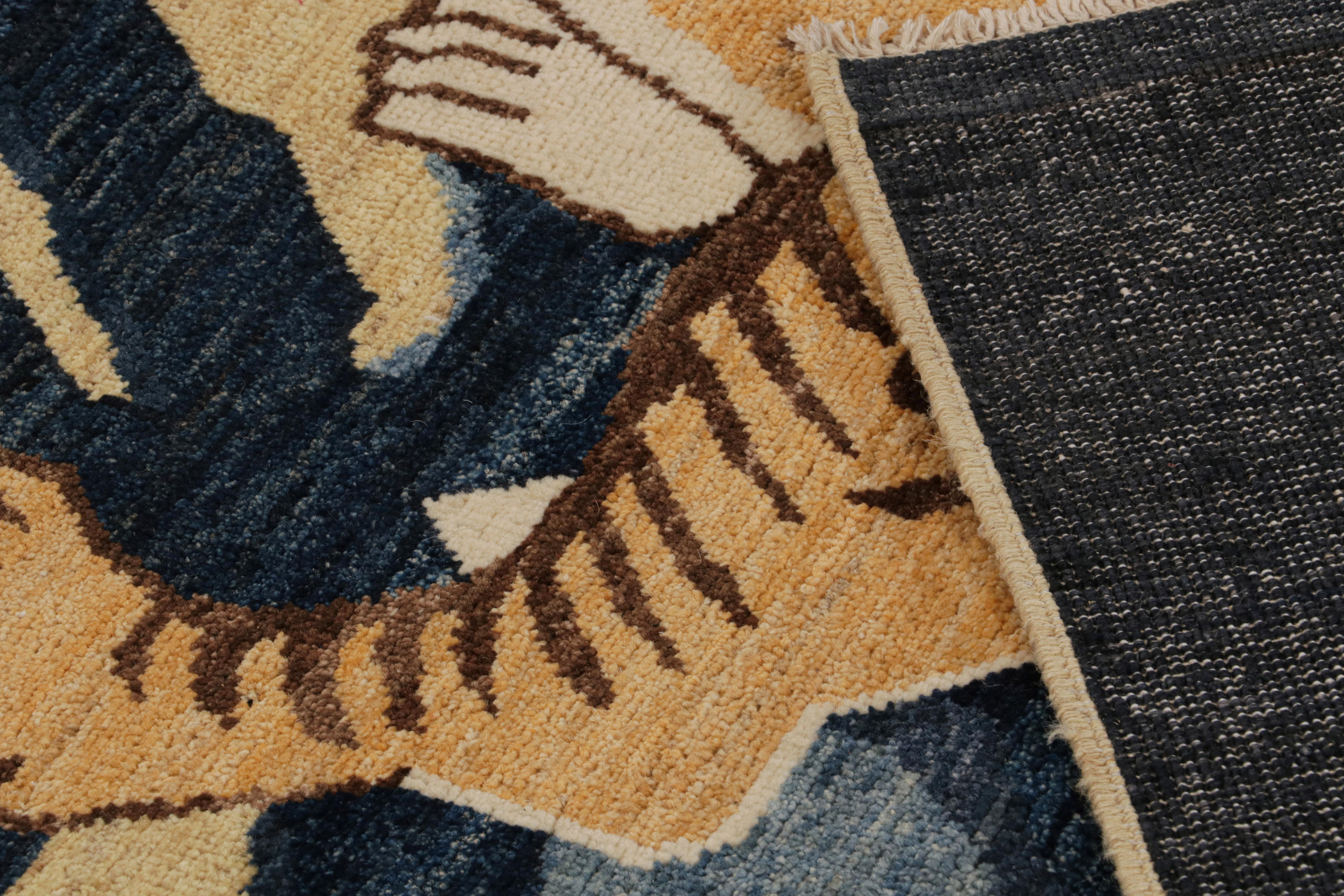 Wool Rug & Kilim’s Modern Peking “Tiger” Pictorial Rug in Navy Blue and Gold For Sale