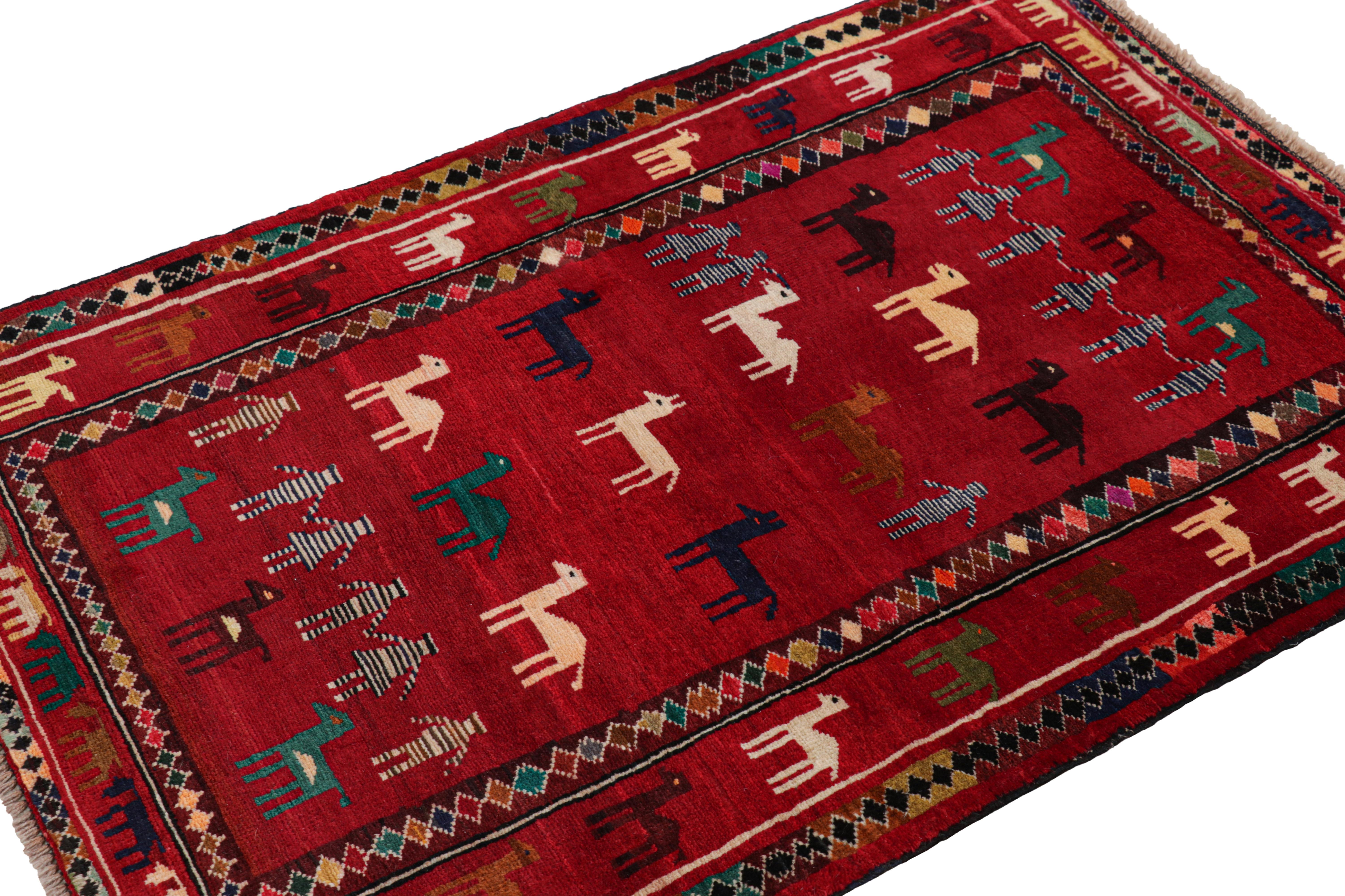 Afghan Rug & Kilim’s Modern Persian Gabbeh Rug in Red with Animal Pictorials For Sale