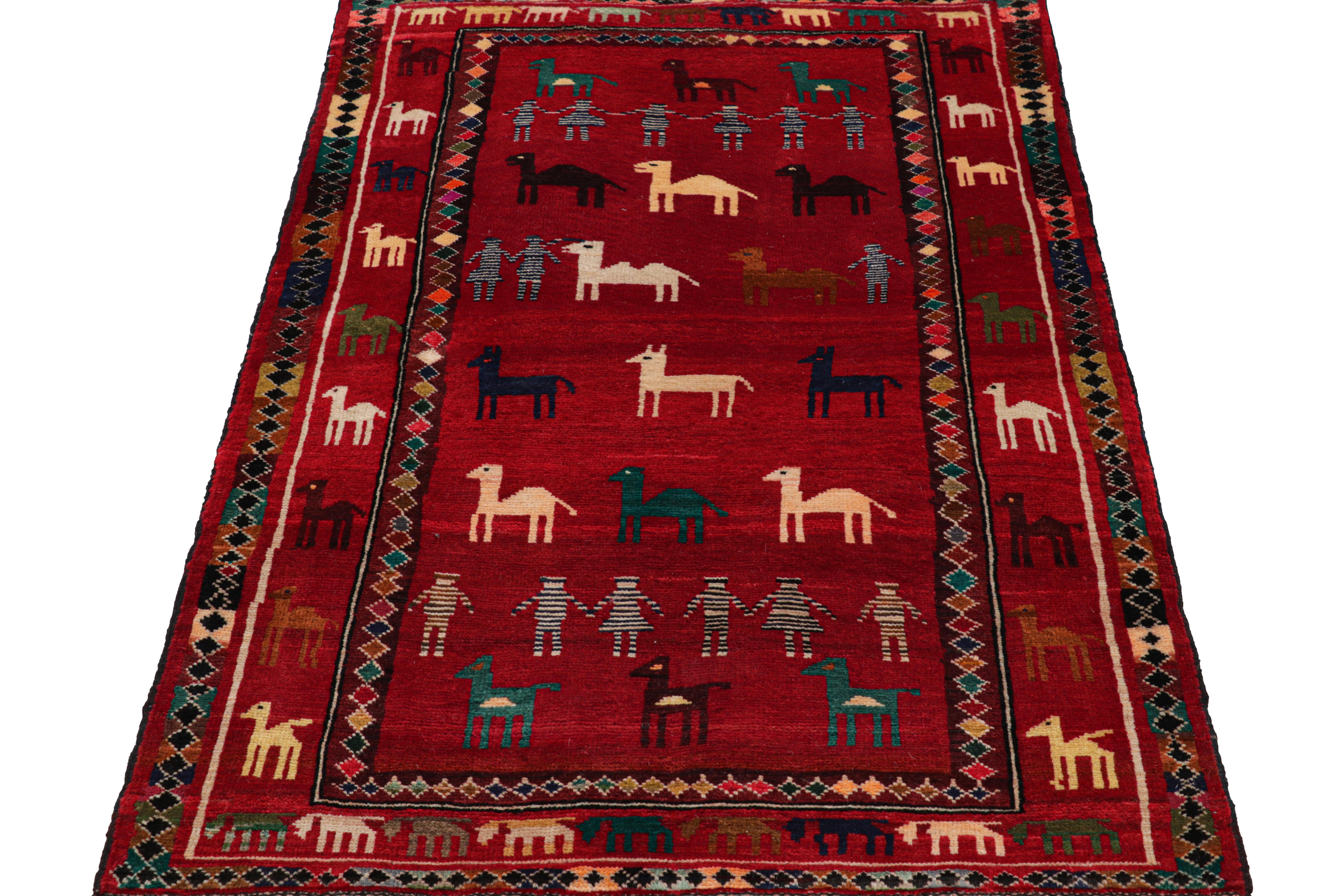 Hand-Knotted Rug & Kilim’s Modern Persian Gabbeh Rug in Red with Animal Pictorials For Sale