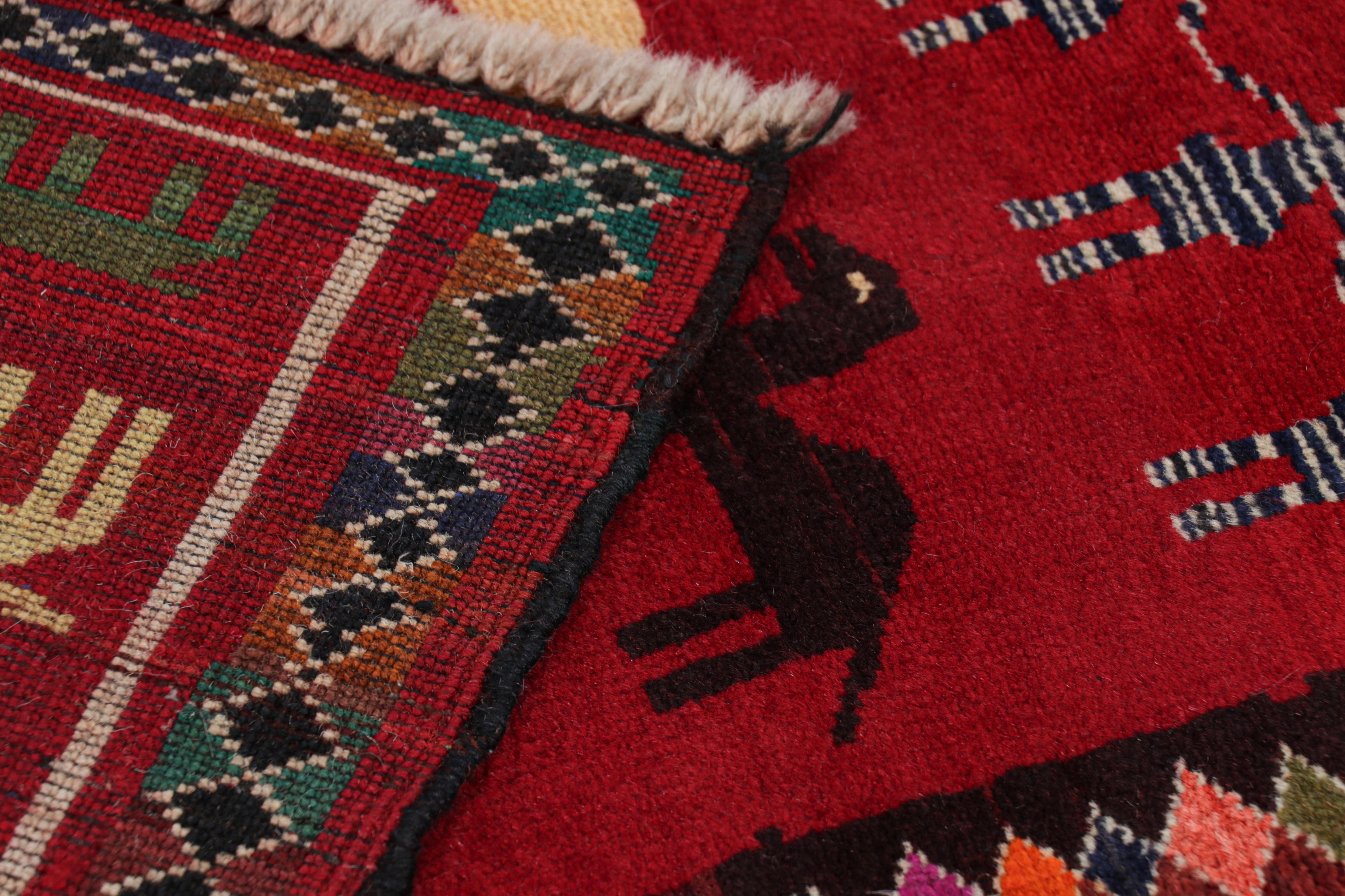 Wool Rug & Kilim’s Modern Persian Gabbeh Rug in Red with Animal Pictorials For Sale
