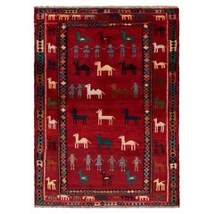 Rug & Kilim's Modernity Persian Gabbeh Rug in Red with Animal Pictorials