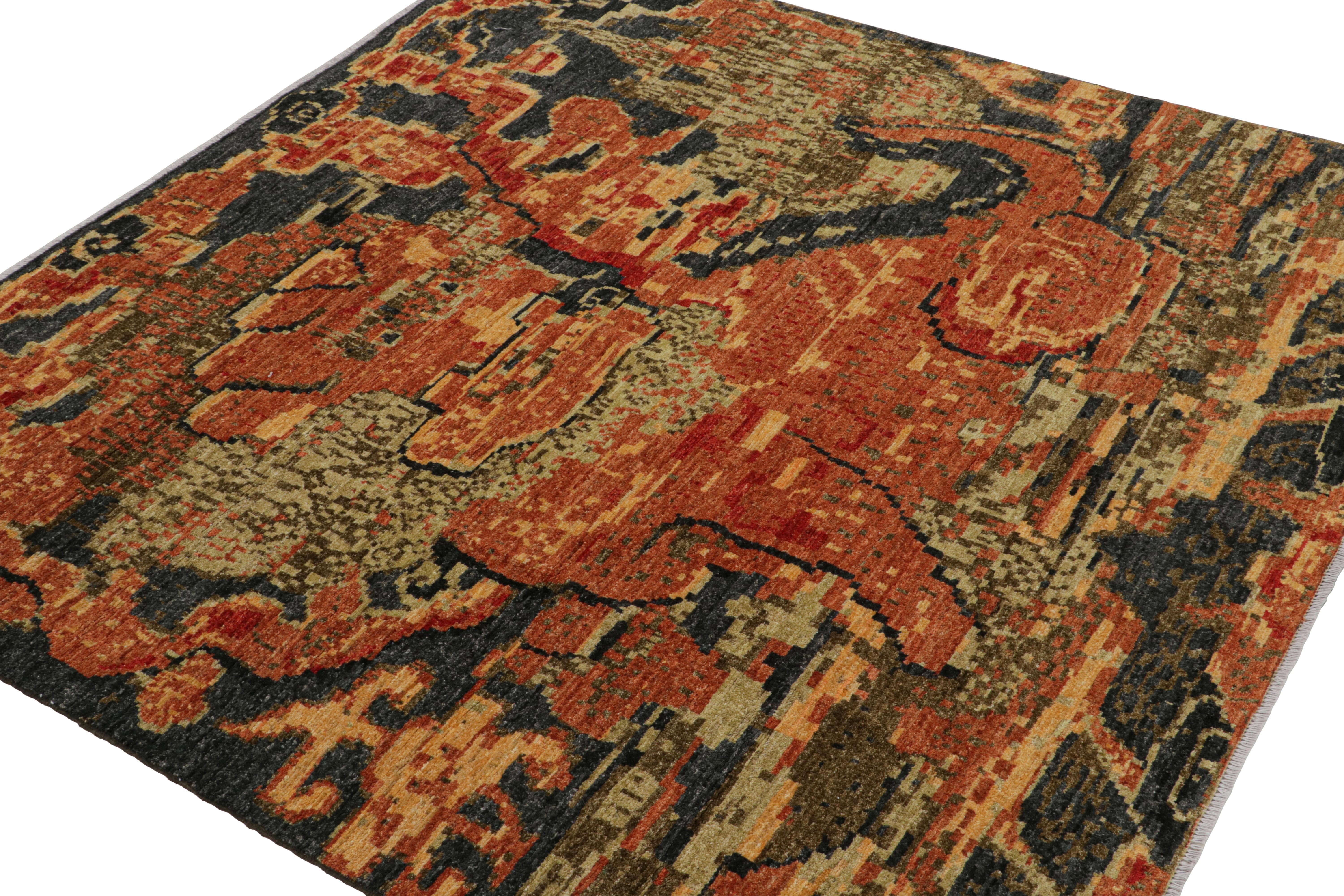 Noué à la main en laine, ce tapis carré 6x6, originaire d'Afghanistan, présente un champ bleu foncé avec un jeu de teintes chaudes orange et rouge dans les motifs abstraits à travers le champ. 

Sur le design : 

Inspiré des tapis picturaux chinois