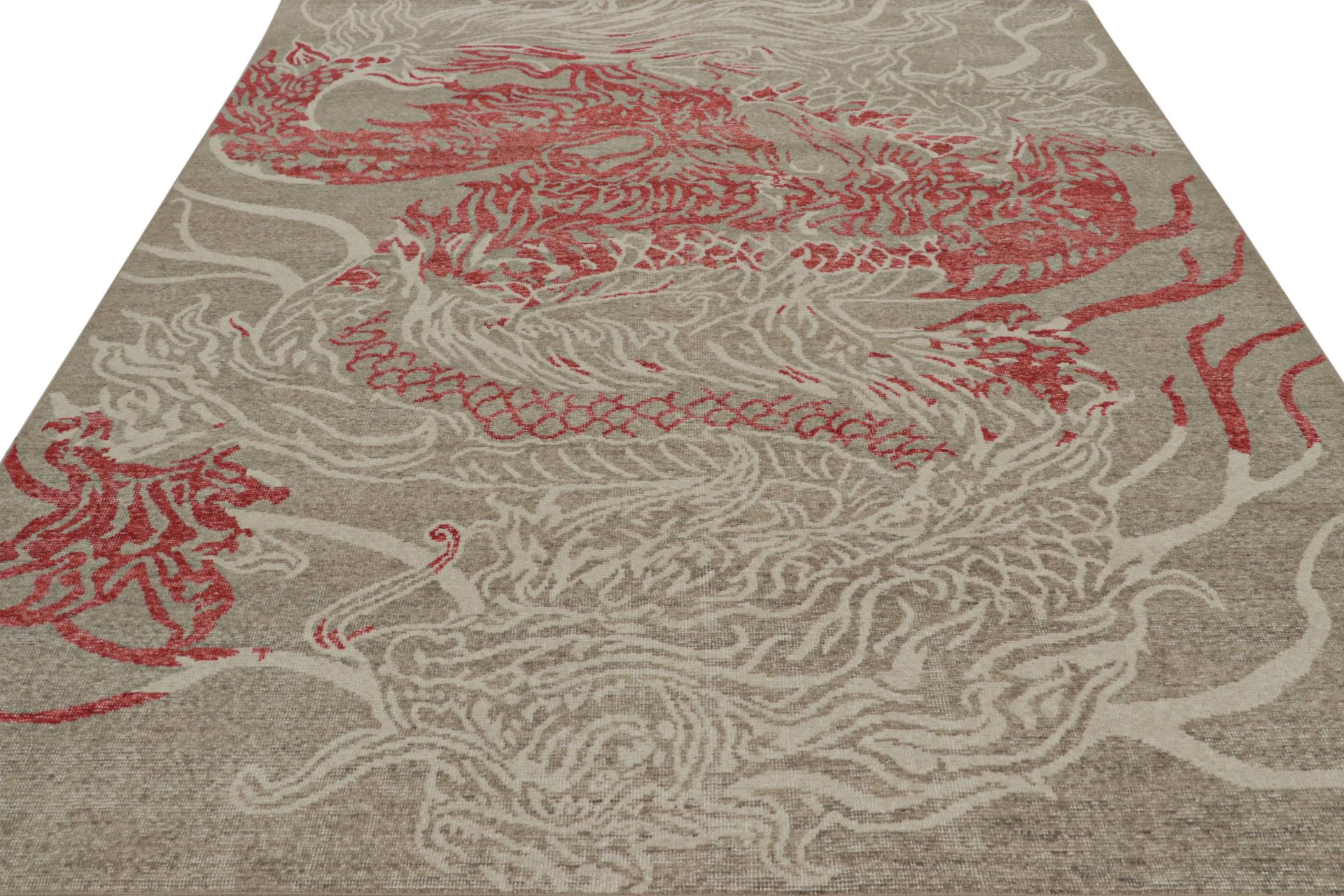 Indian Rug & Kilim’s Modern Pictorial Rug in Beige and Gray, with Red Dragon Pattern For Sale