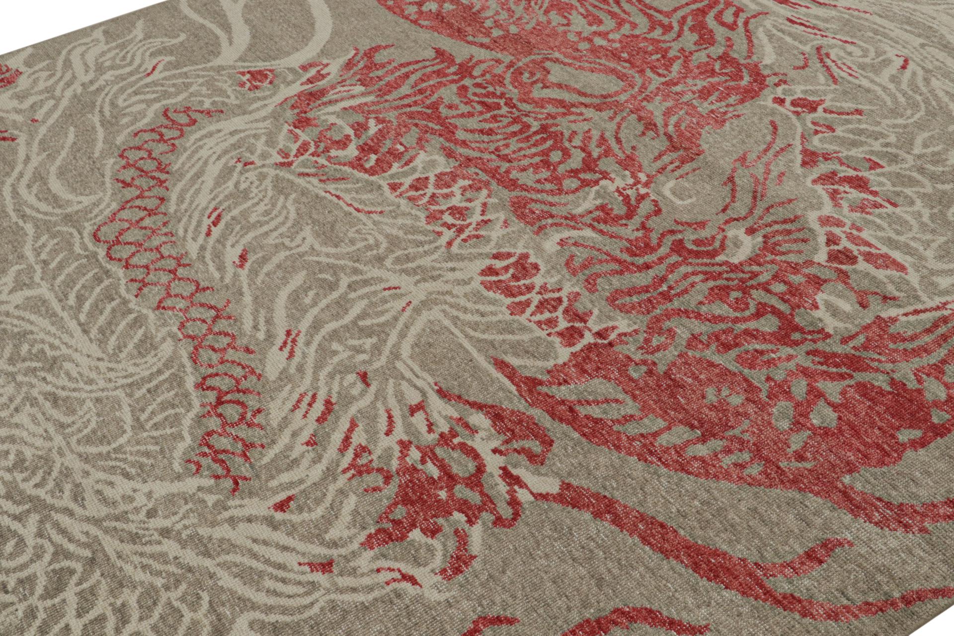 Hand-Knotted Rug & Kilim’s Modern Pictorial Rug in Beige and Gray, with Red Dragon Pattern For Sale