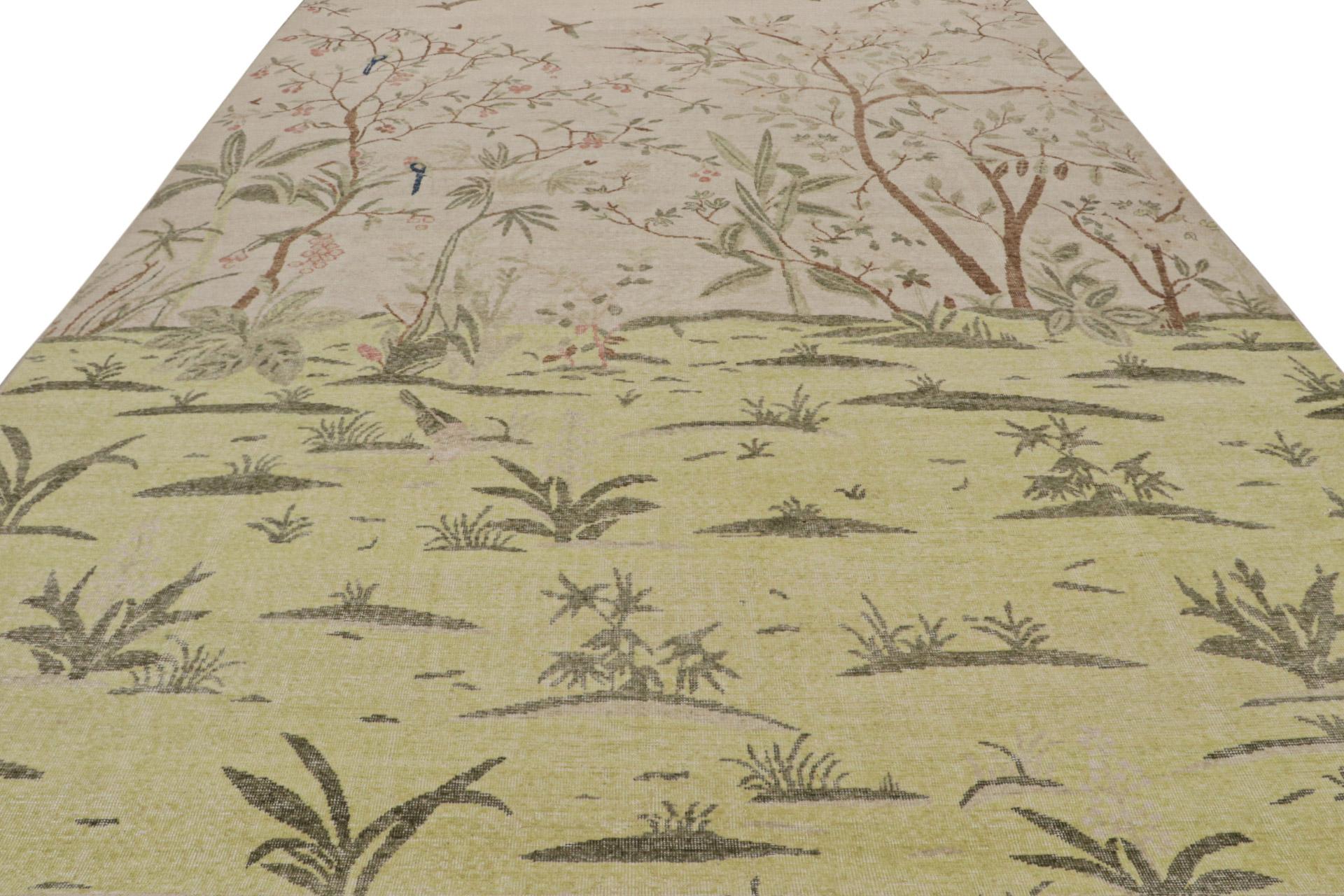 Indian Rug & Kilim’s Modern Pictorial Rug in Green and Taupe, with Scenery Depiction For Sale