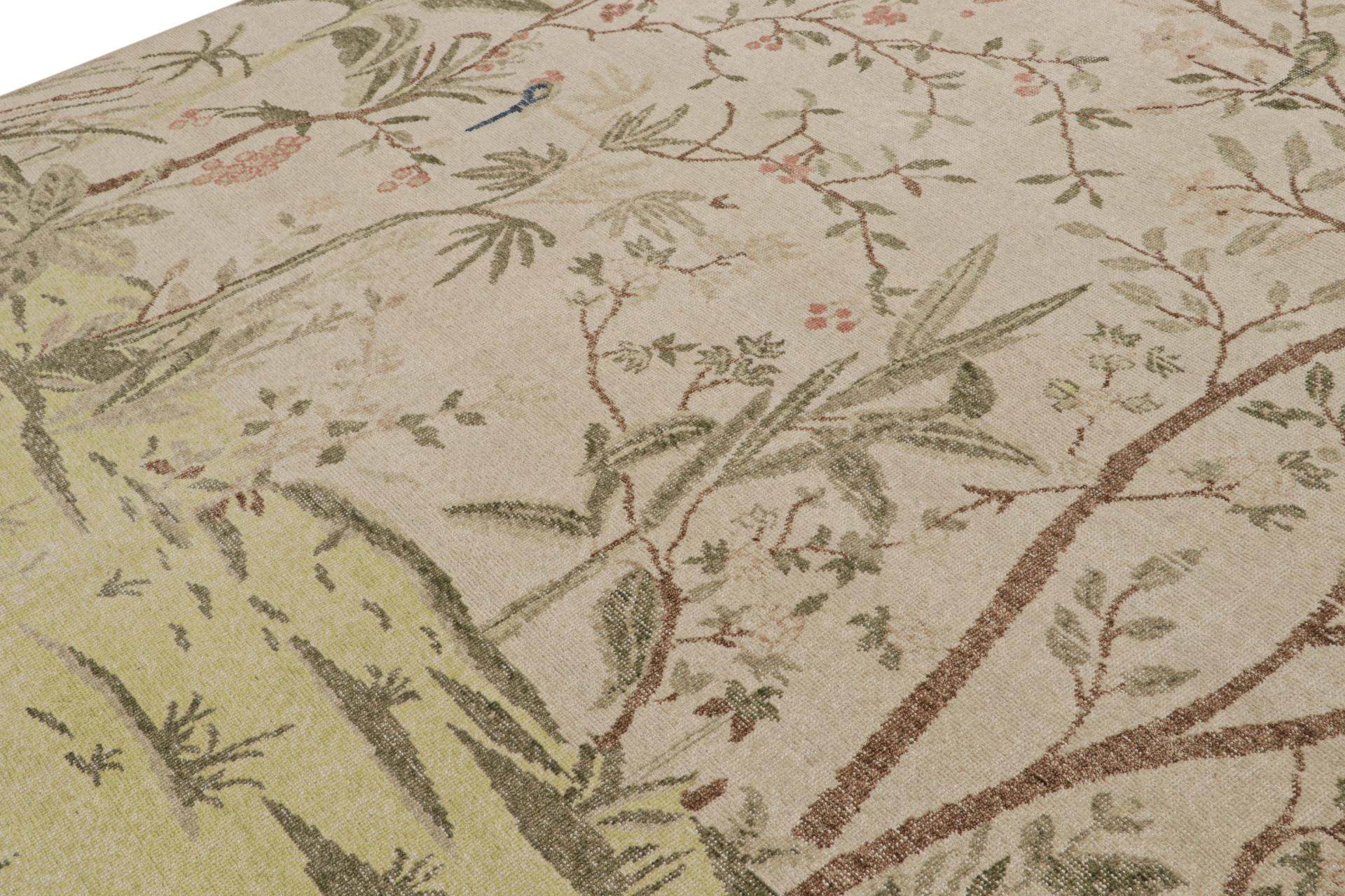Indiano Rug & Kilim - Tappeto moderno pittorico in verde e grigio, con raffigurazione di un paesaggio in vendita