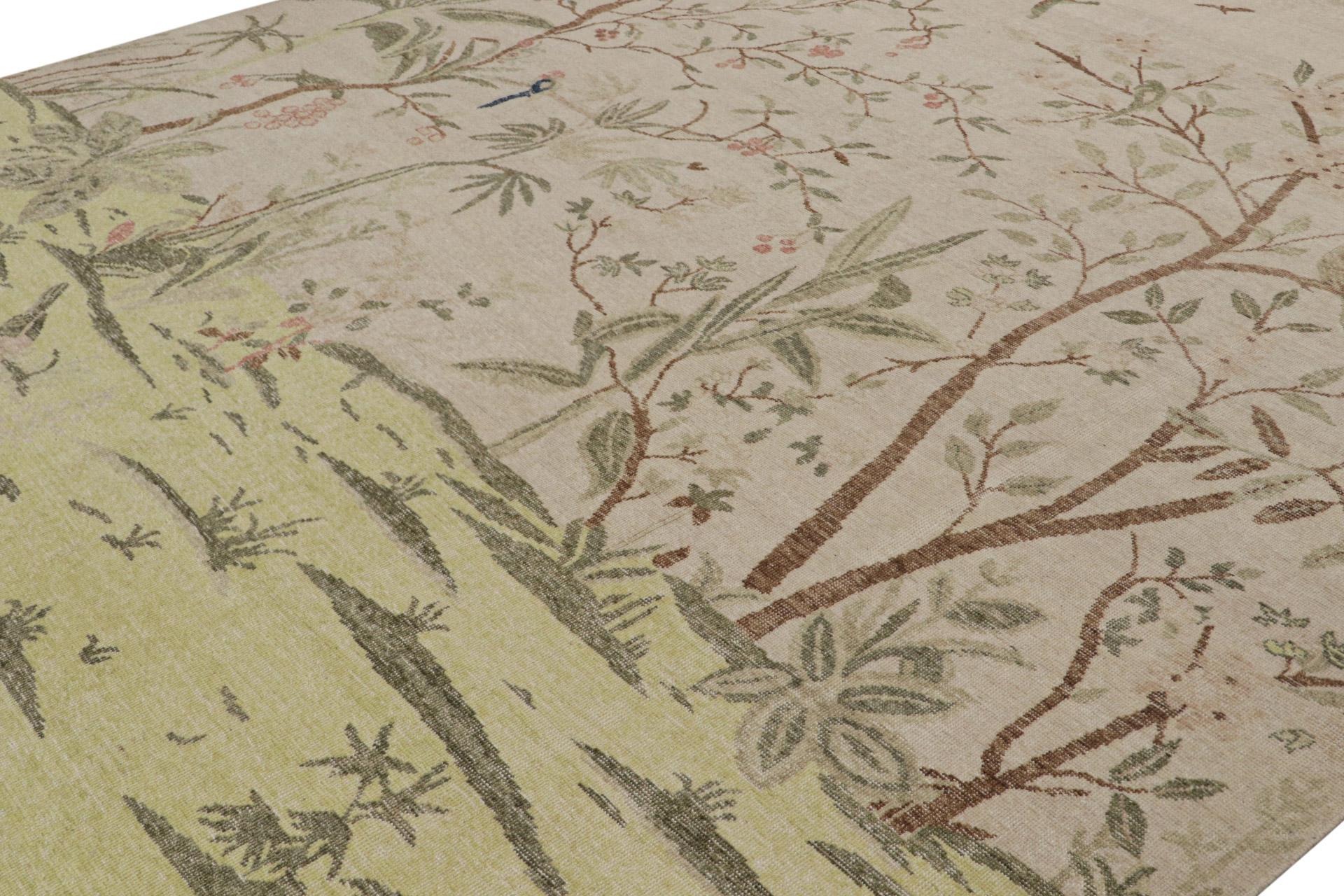 Indiano Rug & Kilim - Tappeto moderno pittorico in verde e grigio, con raffigurazione di un paesaggio in vendita