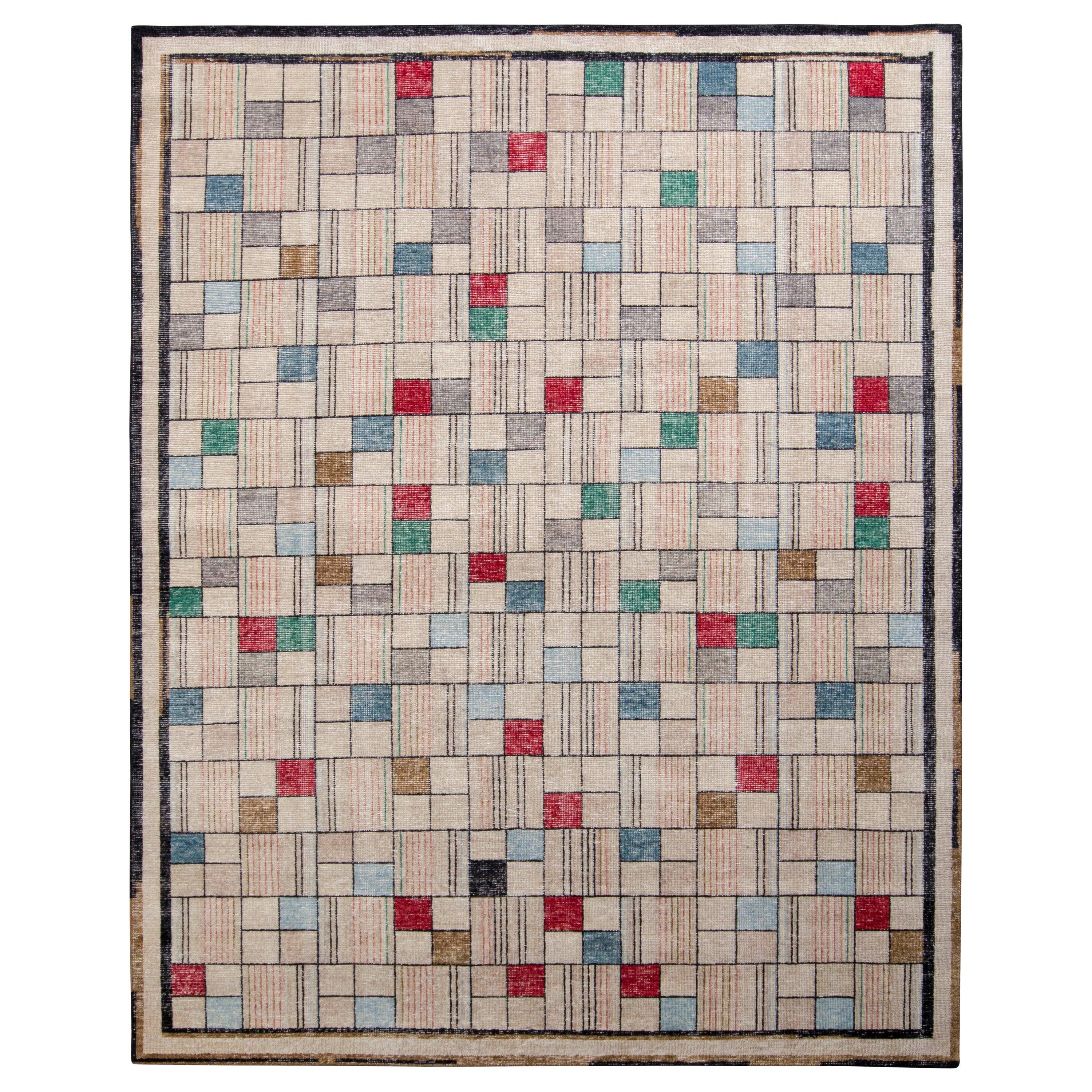 Rug & Kilim’s Modern Rug, Distressed Style, Beige Multi-Color Geometric Pattern For Sale