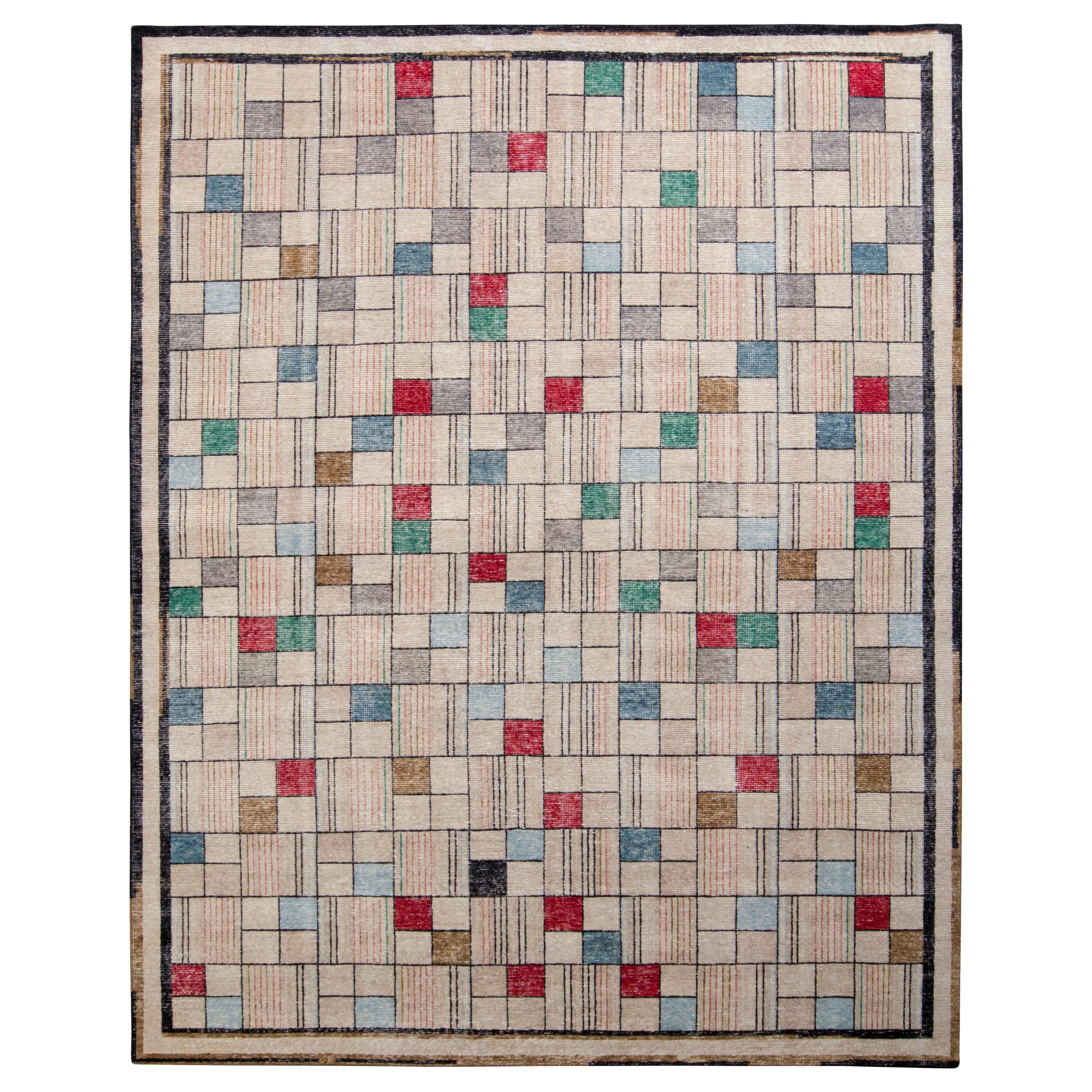 Rug & Kilim’s Modern Rug, Distressed Style, Beige Multi-Color Geometric Pattern