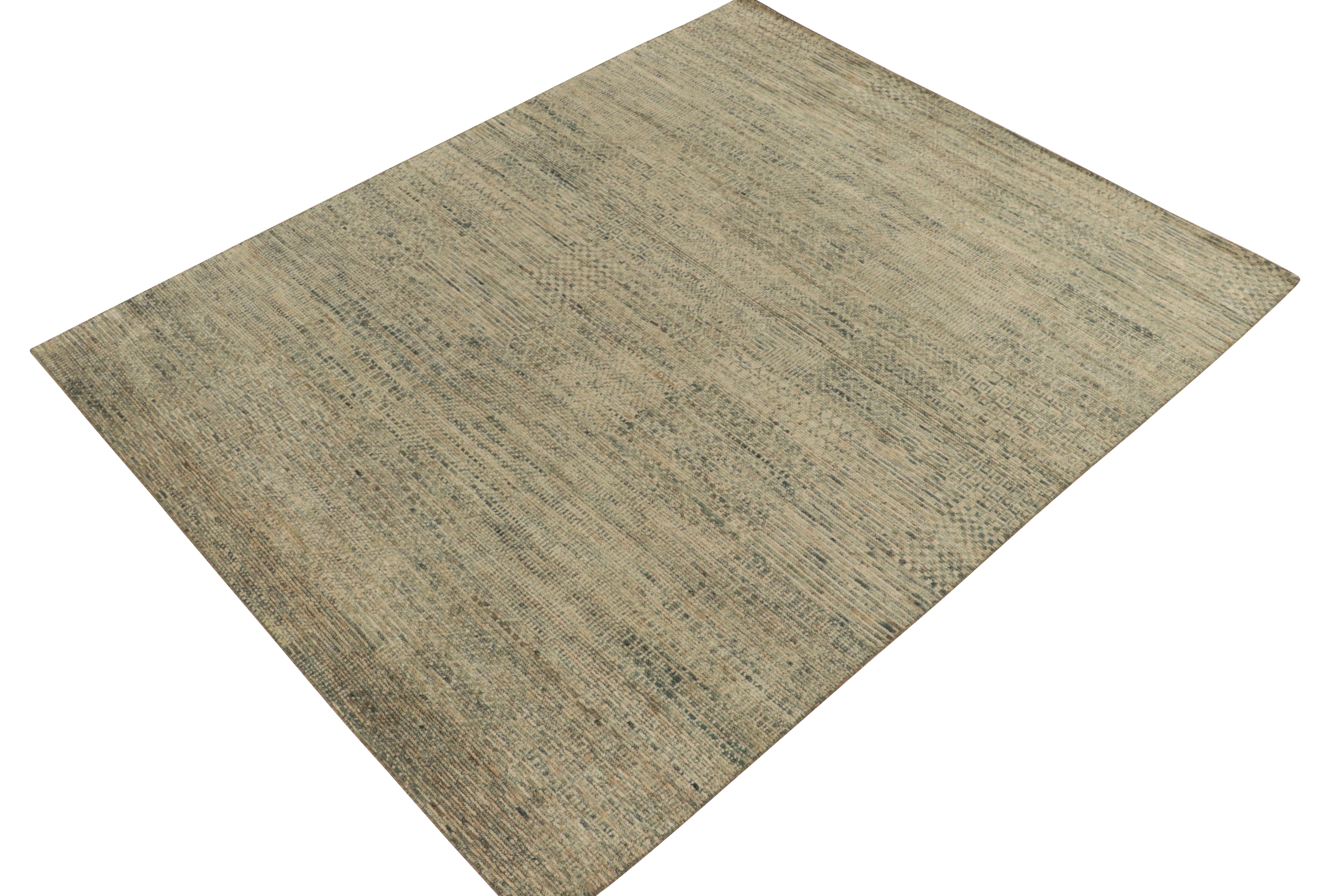 Indian Rug & Kilim’s Modern Rug in a Blue and Beige-Brown Striae, Geometric Patterns For Sale