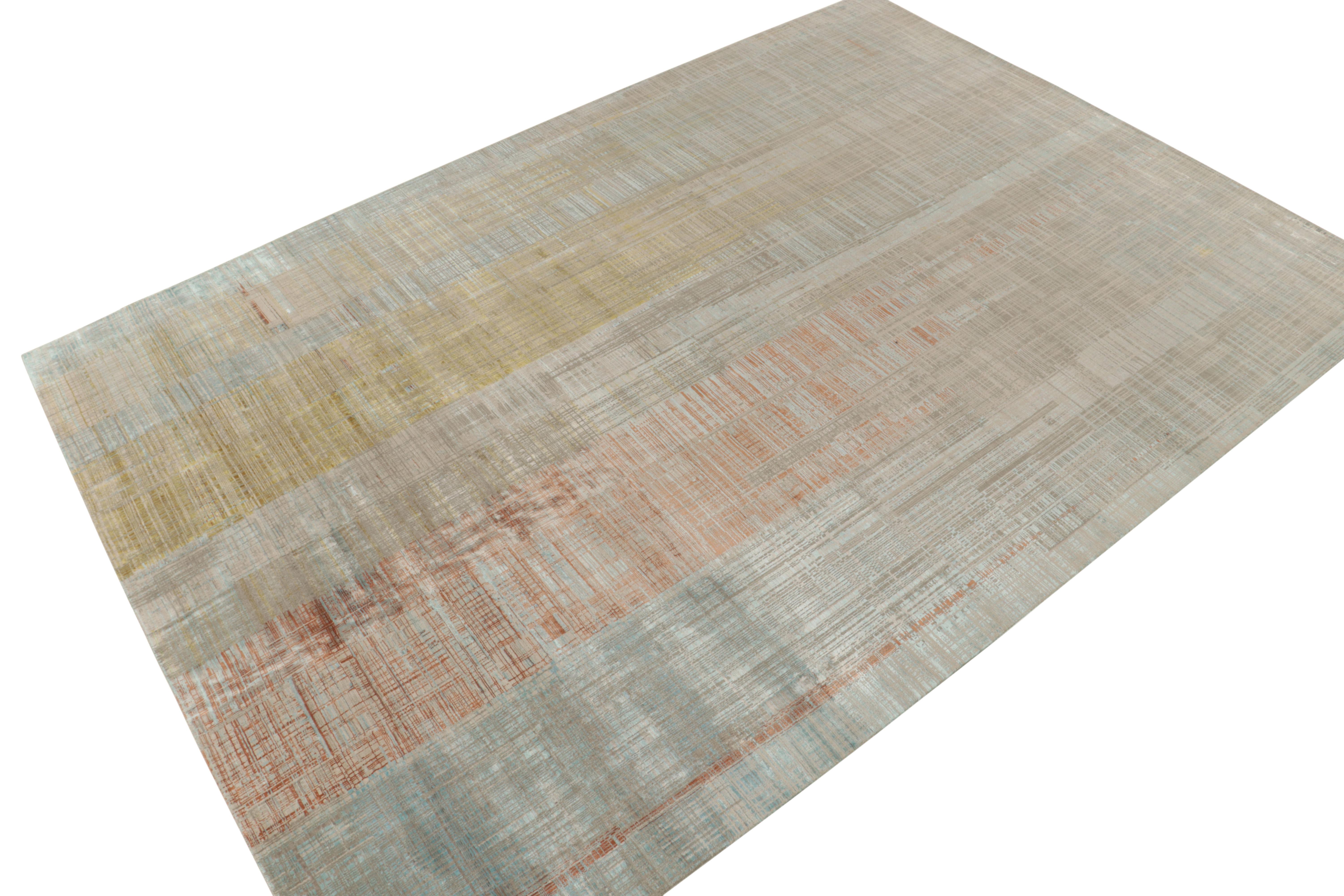 Hand-knotted in fine quality wool & silk, a 10x14 abstract rug showcasing an awe-inspiring vision of modern style. From the newly unveiled works of Rug & Kilim. 

On the Design: The enticing play of blue, gold, gray and red tones move beautifully