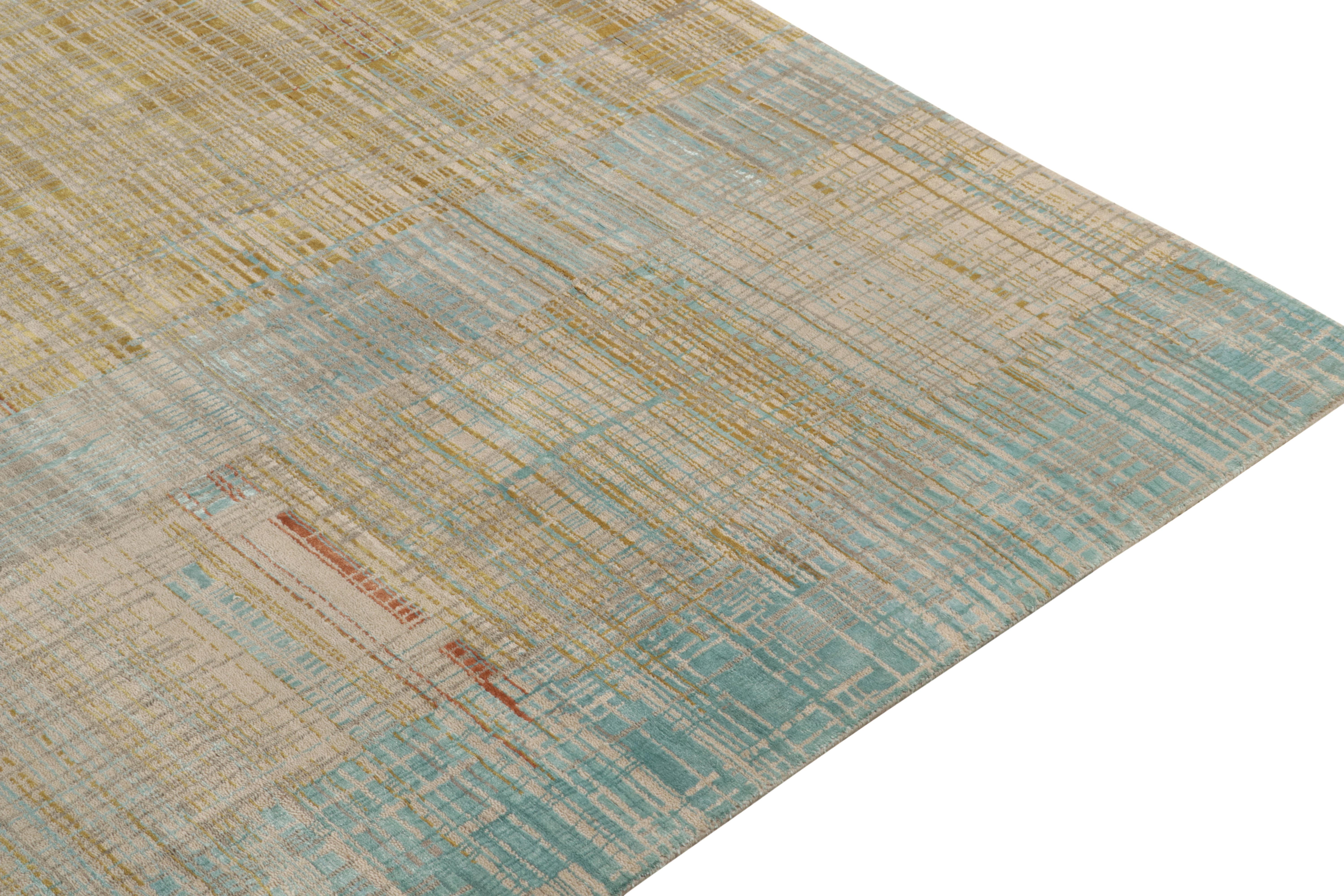 Rug & Kilim’s Modern Rug in a Blue, Gold and Grey Abstract Geometric Pattern In New Condition For Sale In Long Island City, NY