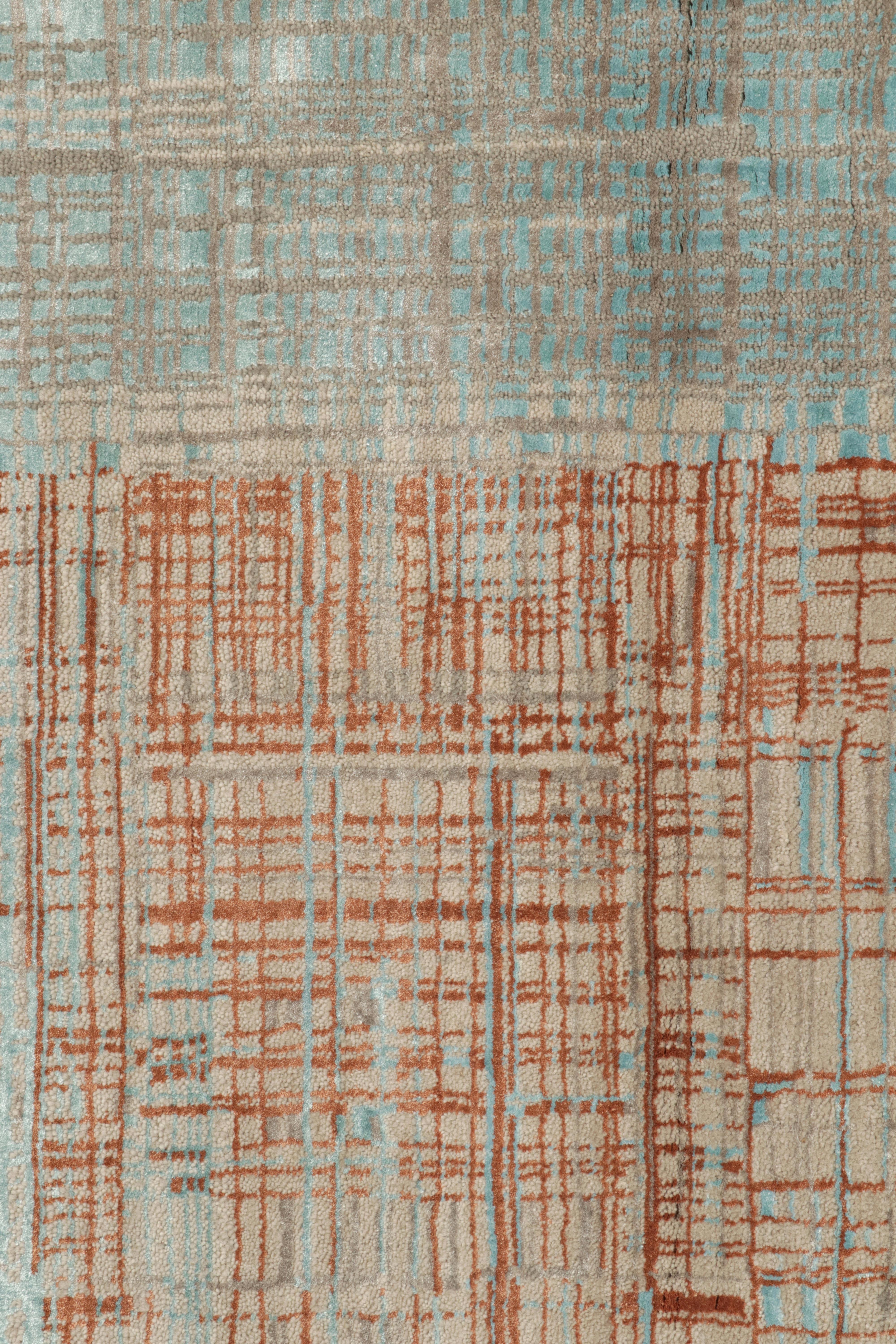 Contemporary Rug & Kilim’s Modern Rug in a Blue, Gold and Grey Abstract Geometric Pattern For Sale