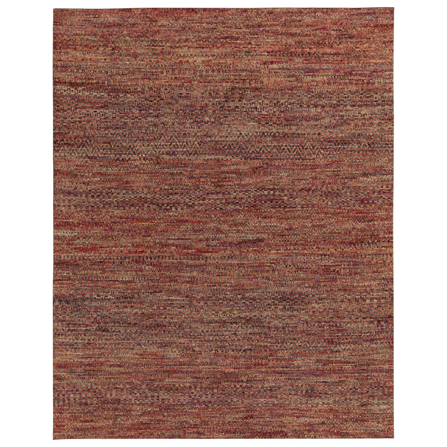 Handgeknüpft aus luxuriöser Seide, ein gewagter 8x10 großer zeitgenössischer Teppich mit außergewöhnlicher Textur und visueller Tiefe. Dieses besondere moderne Design verbindet Schlieren mit dezenten geometrischen Mustern in satten Rot- und