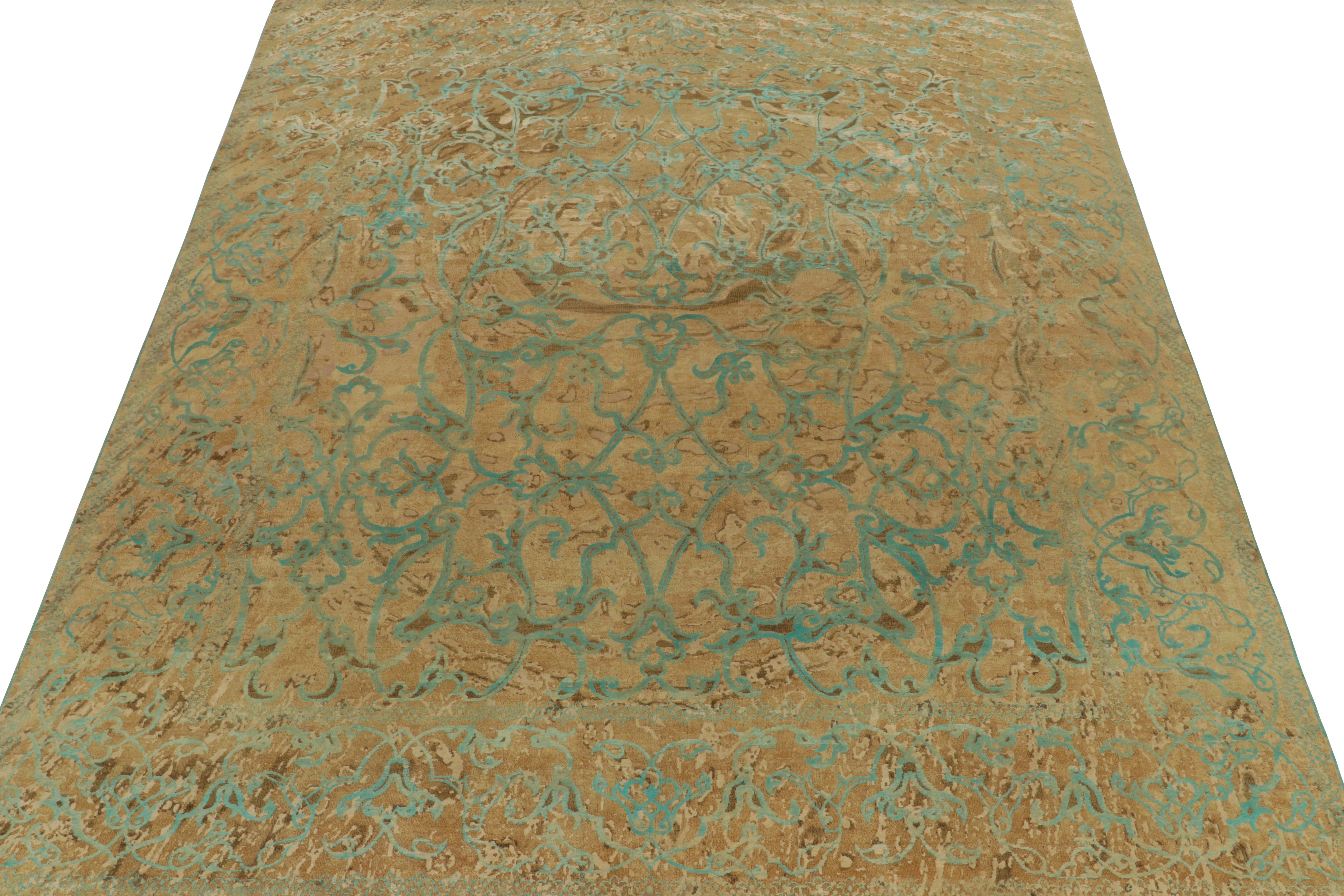 Moderner Teppich &amp;amp; Kilims Teppich mit abstraktem geometrischem Muster in Teal &amp;amp; Beige-Brown (Indisch) im Angebot