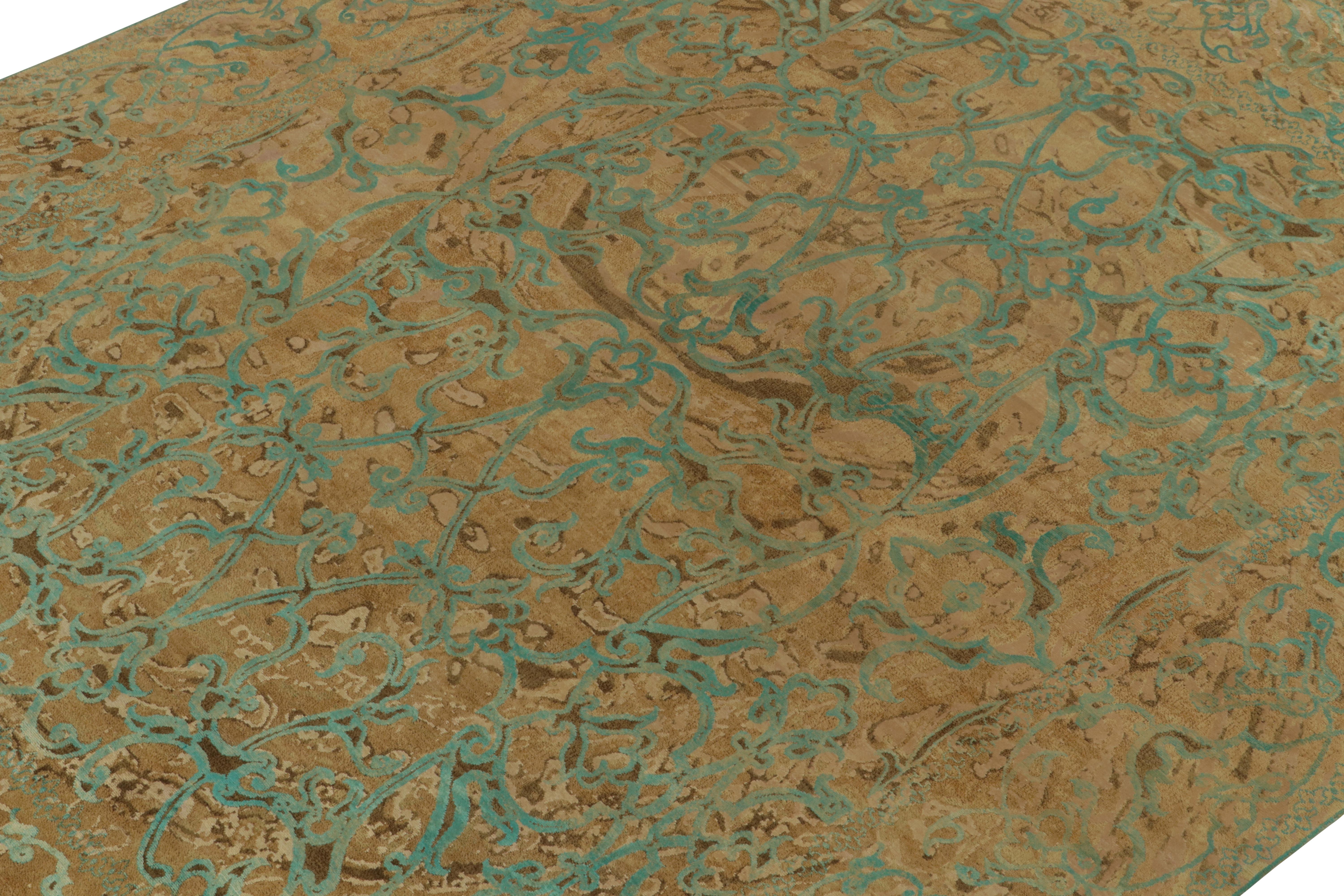Moderner Teppich &amp;amp; Kilims Teppich mit abstraktem geometrischem Muster in Teal &amp;amp; Beige-Brown (Handgeknüpft) im Angebot