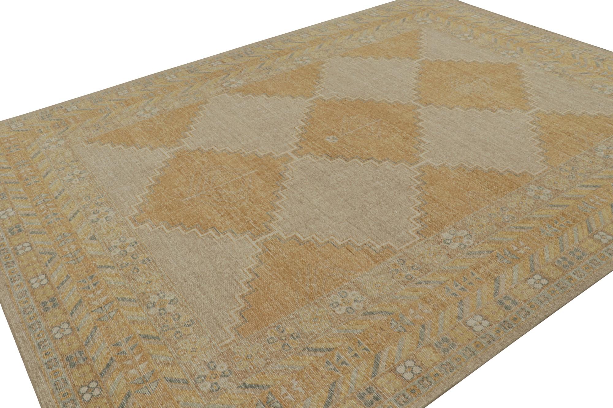 This 9x12 rug is a grand new addition to the Homage Collection by Rug & Kilim. Hand-knotted in wool, its design captures geometric patterns and a rich colorway of beige/brown, gold and blue. 

On the Design: 

One almost hunts for the color in this