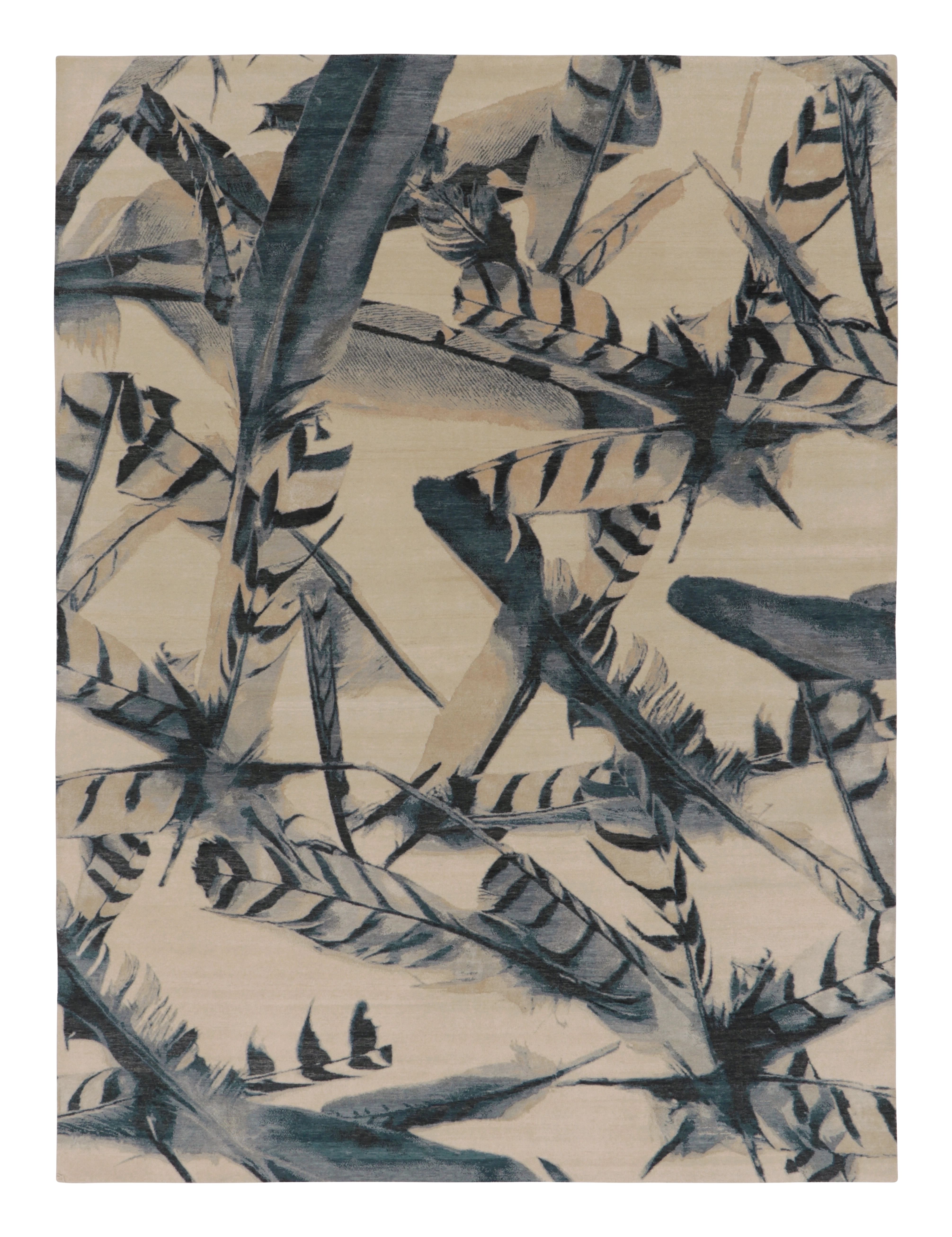 Rug 
Kilim’s Modern Rug In Beige with Blue Pictorial Feather Design “Quiil” For Sale